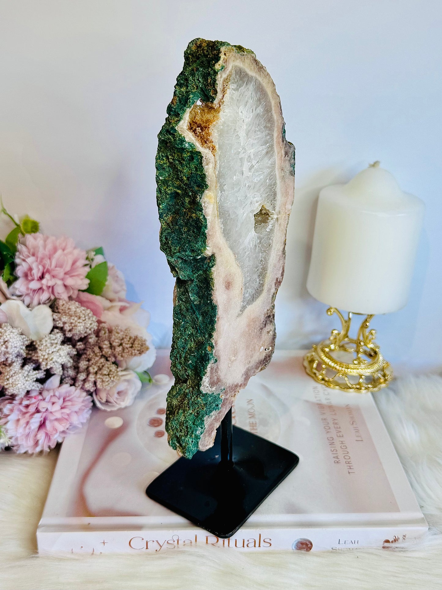 Large 26cm 908gram Pink Amethyst Druzy Slab on Stand