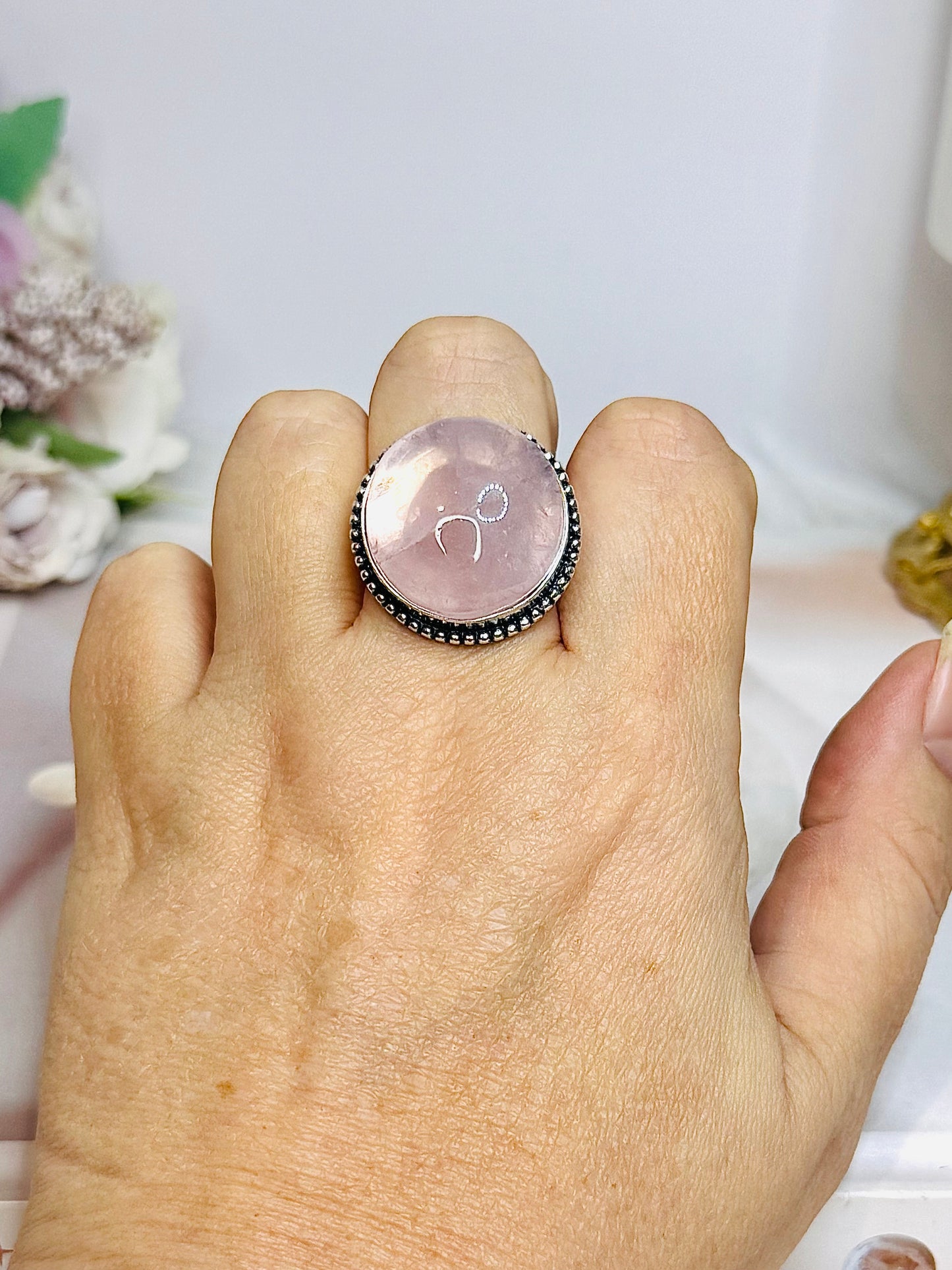Large Silver Rose Quartz Round Ring Size 9