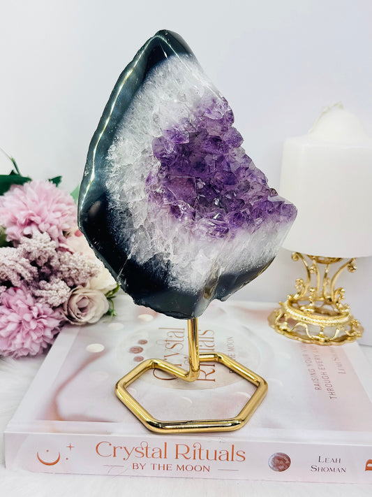 Large 20cm 1.1KG Natural Amethyst Agate Cluster Freeform on Gold Stand