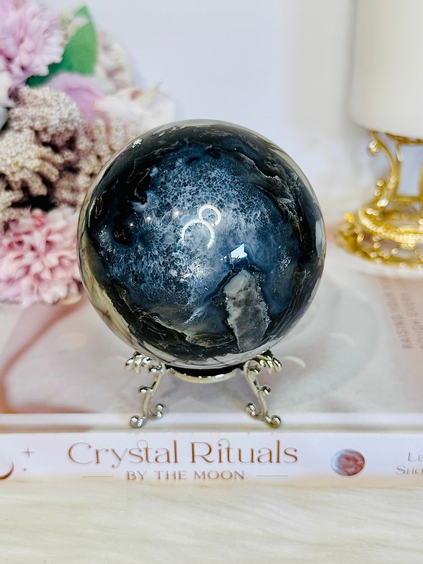 Natural Volcano Agate Druzy Sphere UV Reactive On Stand 607grams