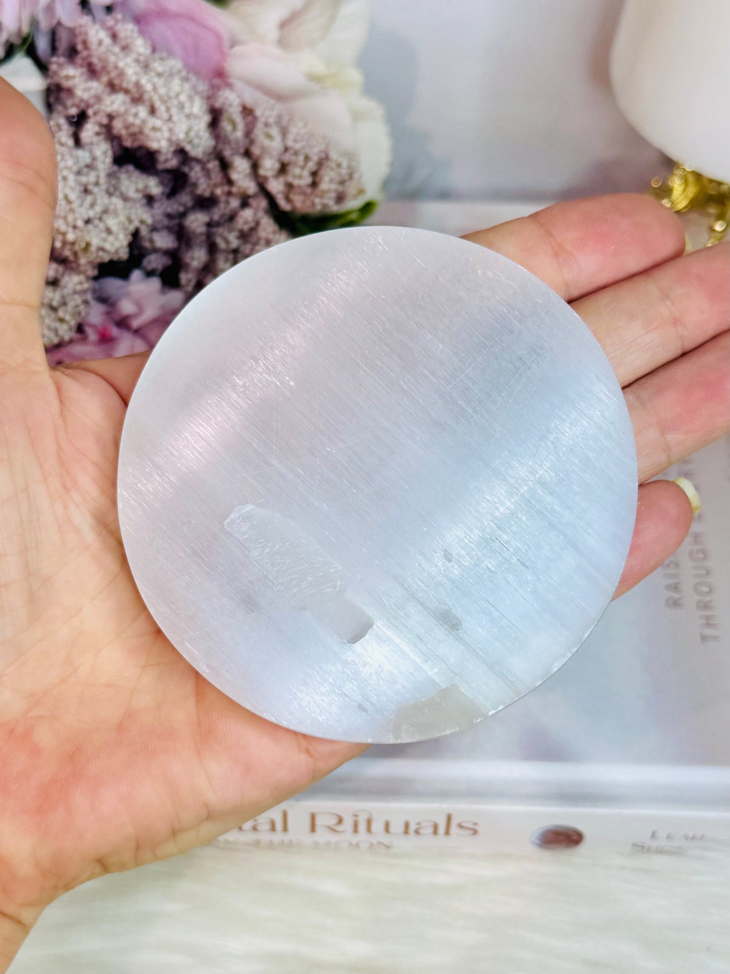 Amazing Selenite Slab with Gold Evil Eye Carving on Stand 8cm