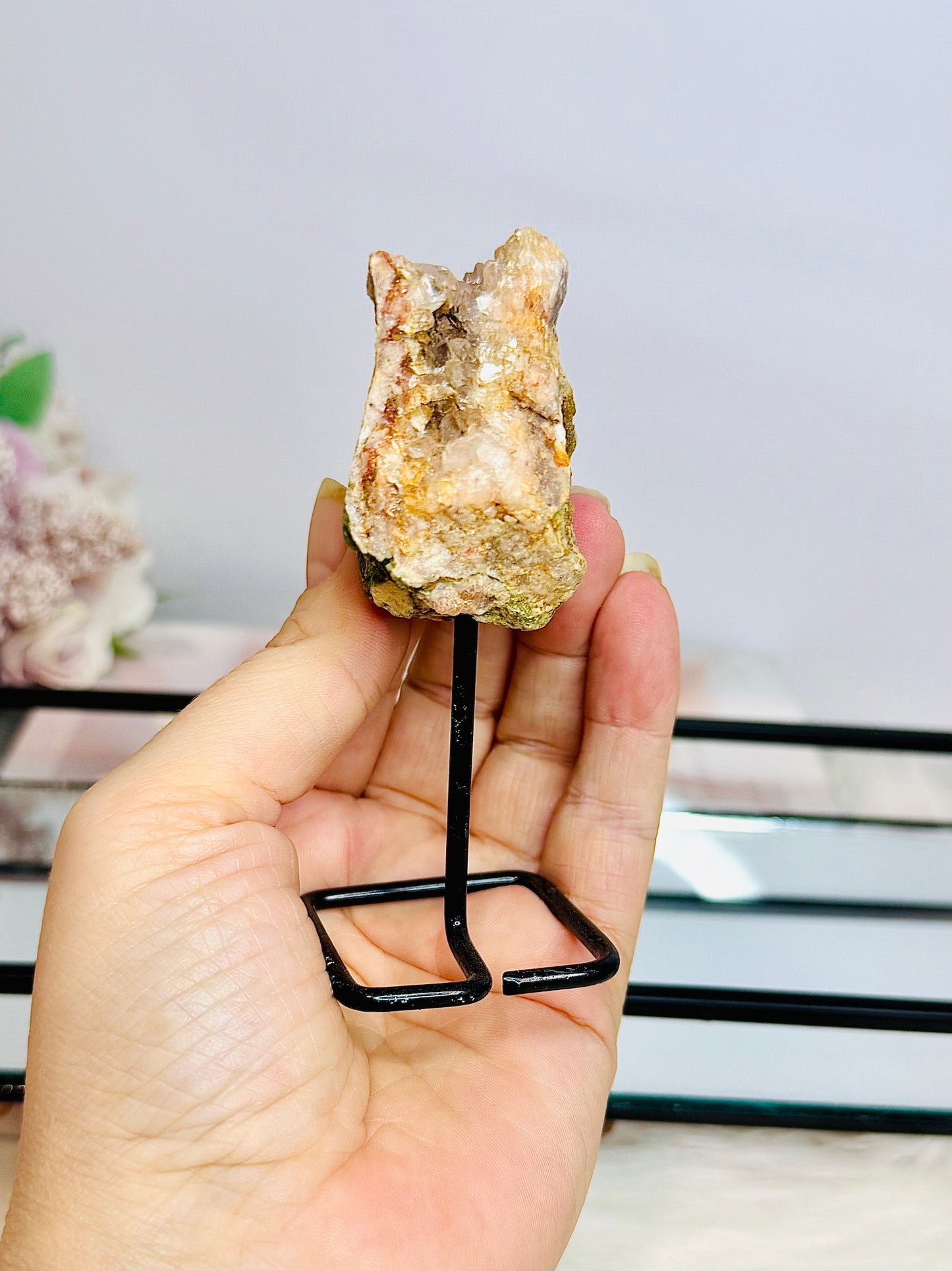 Pink Amethyst Gift Set ~ Black Mirror Tray 26cm, Large Pink Amethyst Obelisk Tower, Pink Amethyst Geode on Stand & Pink Amethyst Druzy Cube