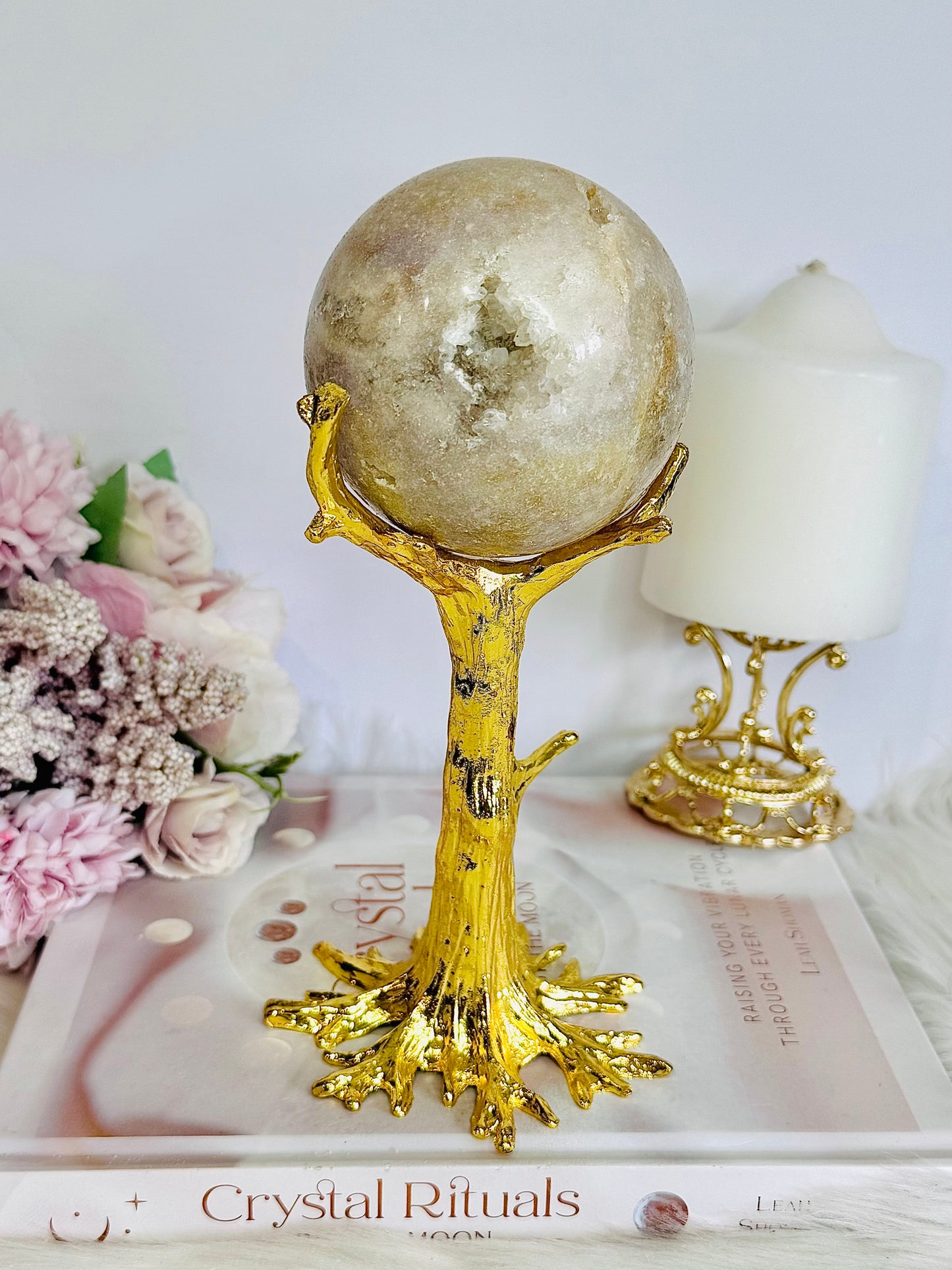 Stunning Druzy Pink Amethyst Large Sphere on Gold Tree Stand 578grams 20cm