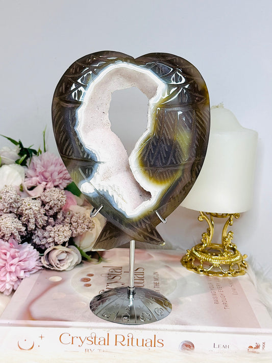 Agate Druzy Carved Heart Wings on Stand 20cm