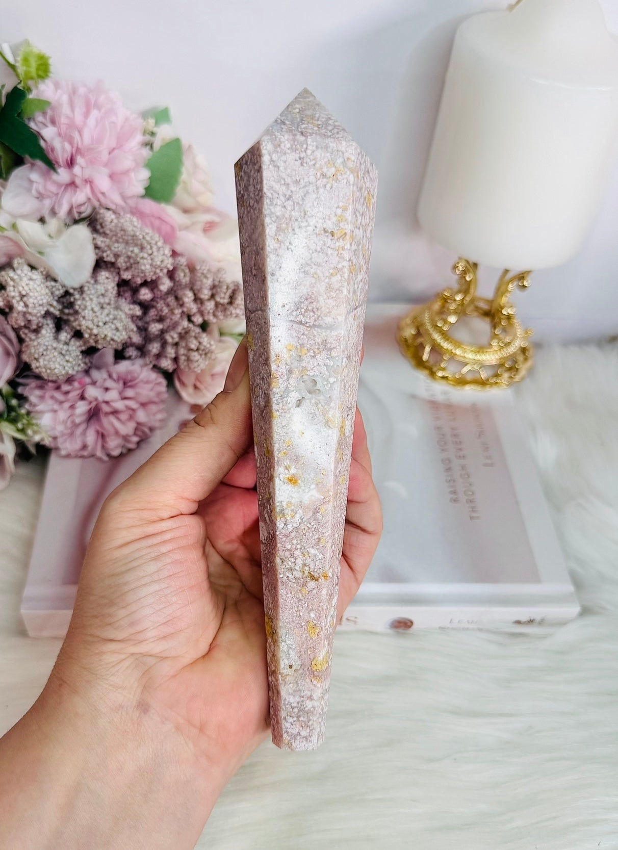 Fabulous Large 18.5cm Druzy Pink Agate Carved Wand on Stand
