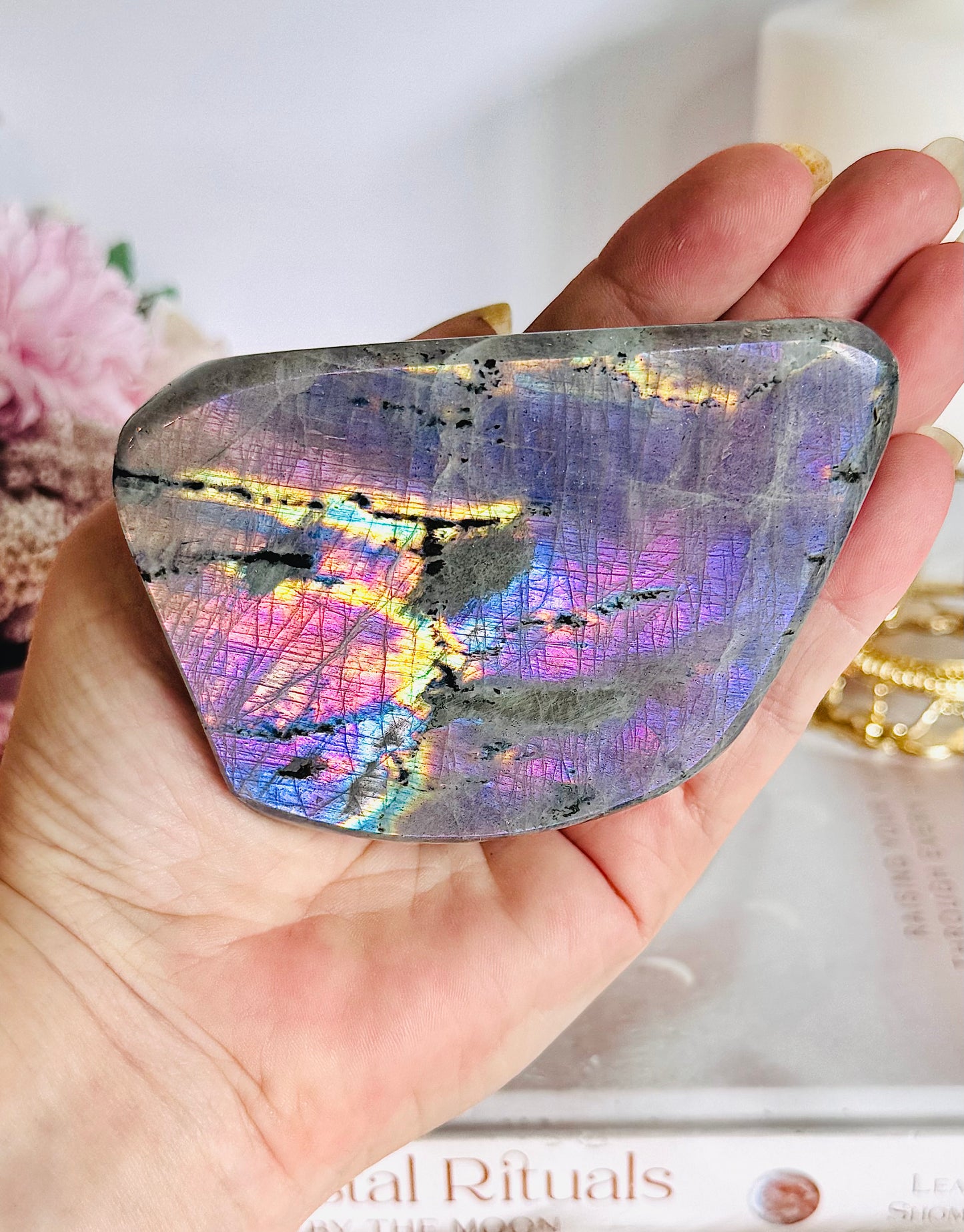 Incredible Colourful Flash with Hot Pink & Purple Natural Labradorite Polished Freeform 361grams 10cm