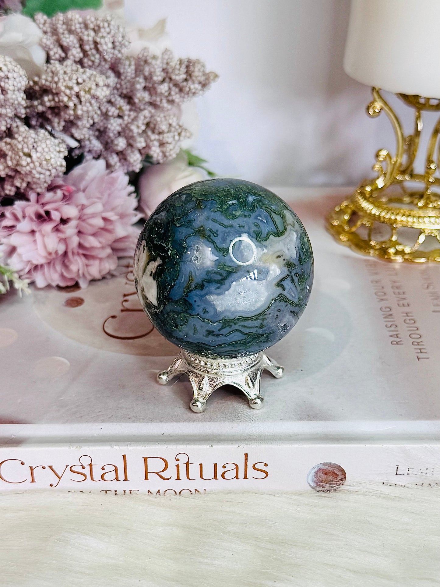 Moss Agate Sphere On Stand 301grams