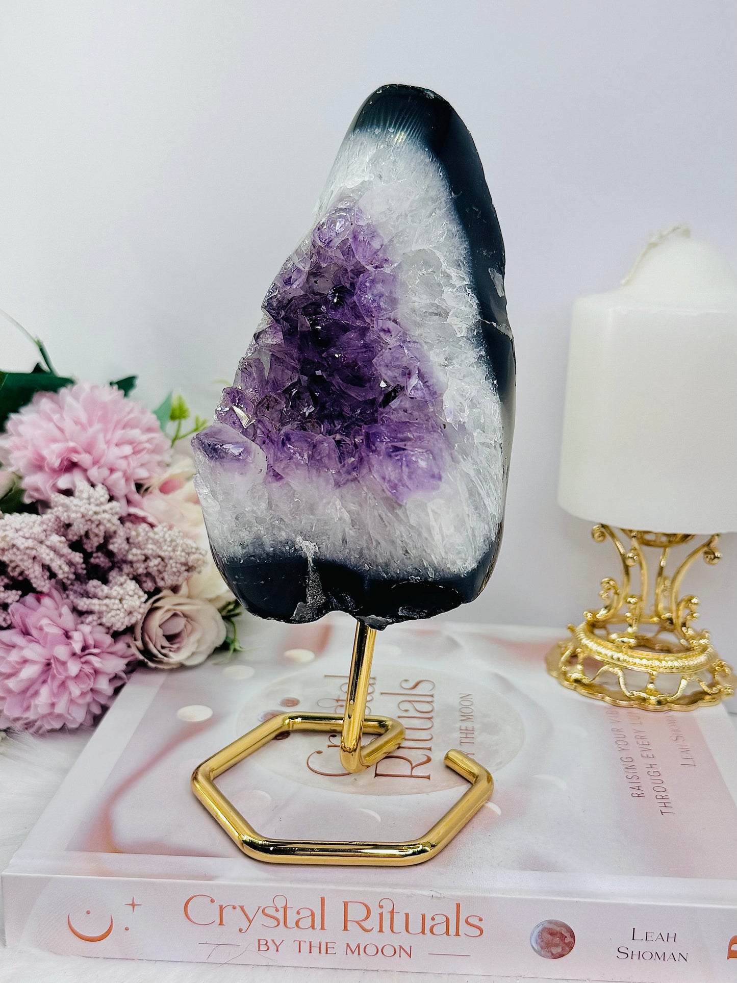 Large 20cm 1.1KG Natural Amethyst Agate Cluster Freeform on Gold Stand