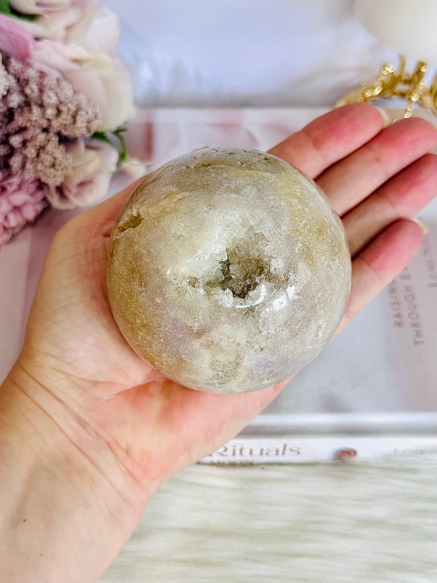 Stunning Druzy Pink Amethyst Large Sphere on Gold Tree Stand 578grams 20cm