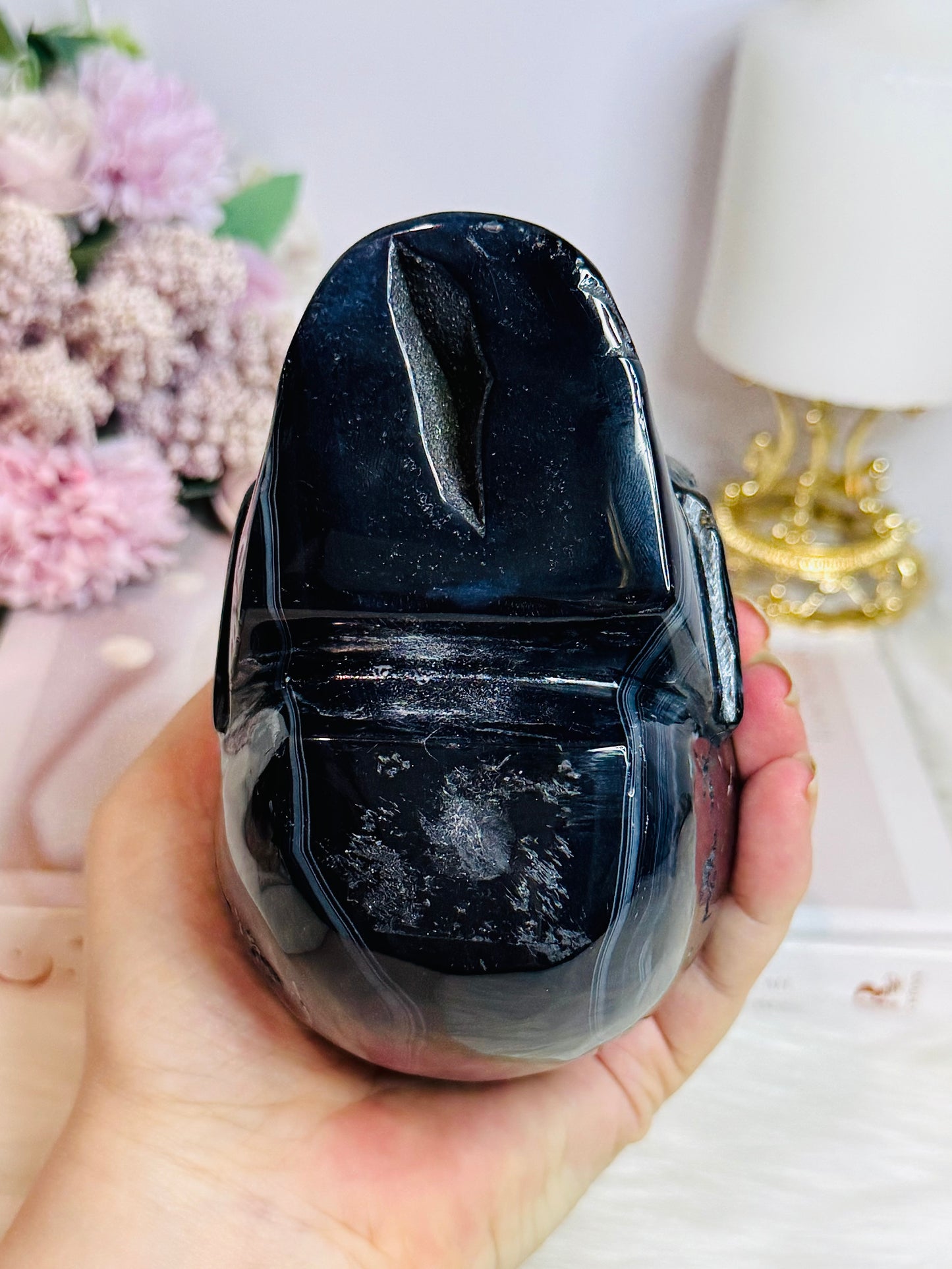 Huge Black Agate Carved Skull 11.5cm 1.24KG