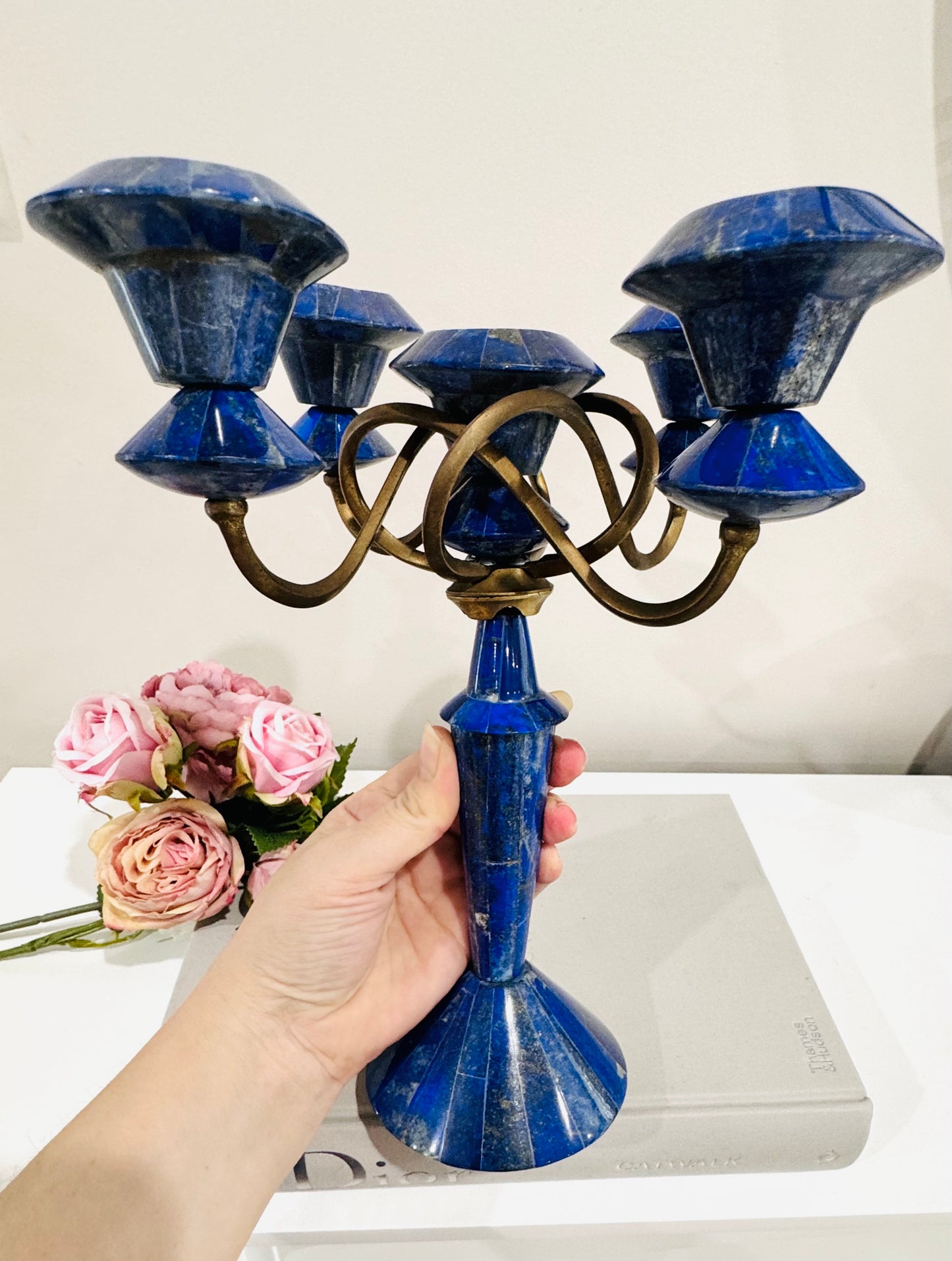 Natural Large 27cm Lapis Lazuli Carved Candelabra 1.4KG