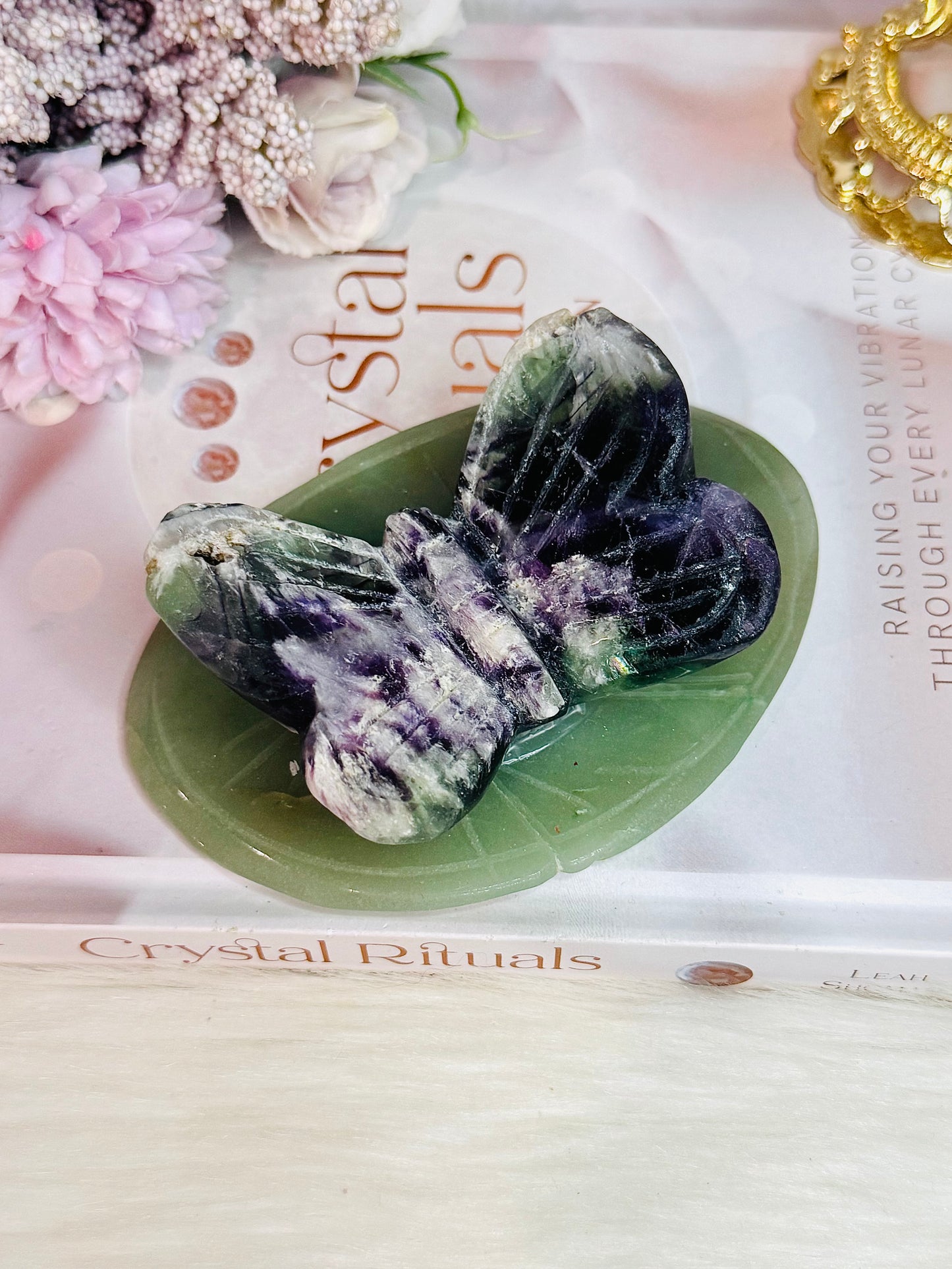 Large Rainbow Fluorite Carved Butterfly On Green Aventurine Lillypad / Leaf 10cm