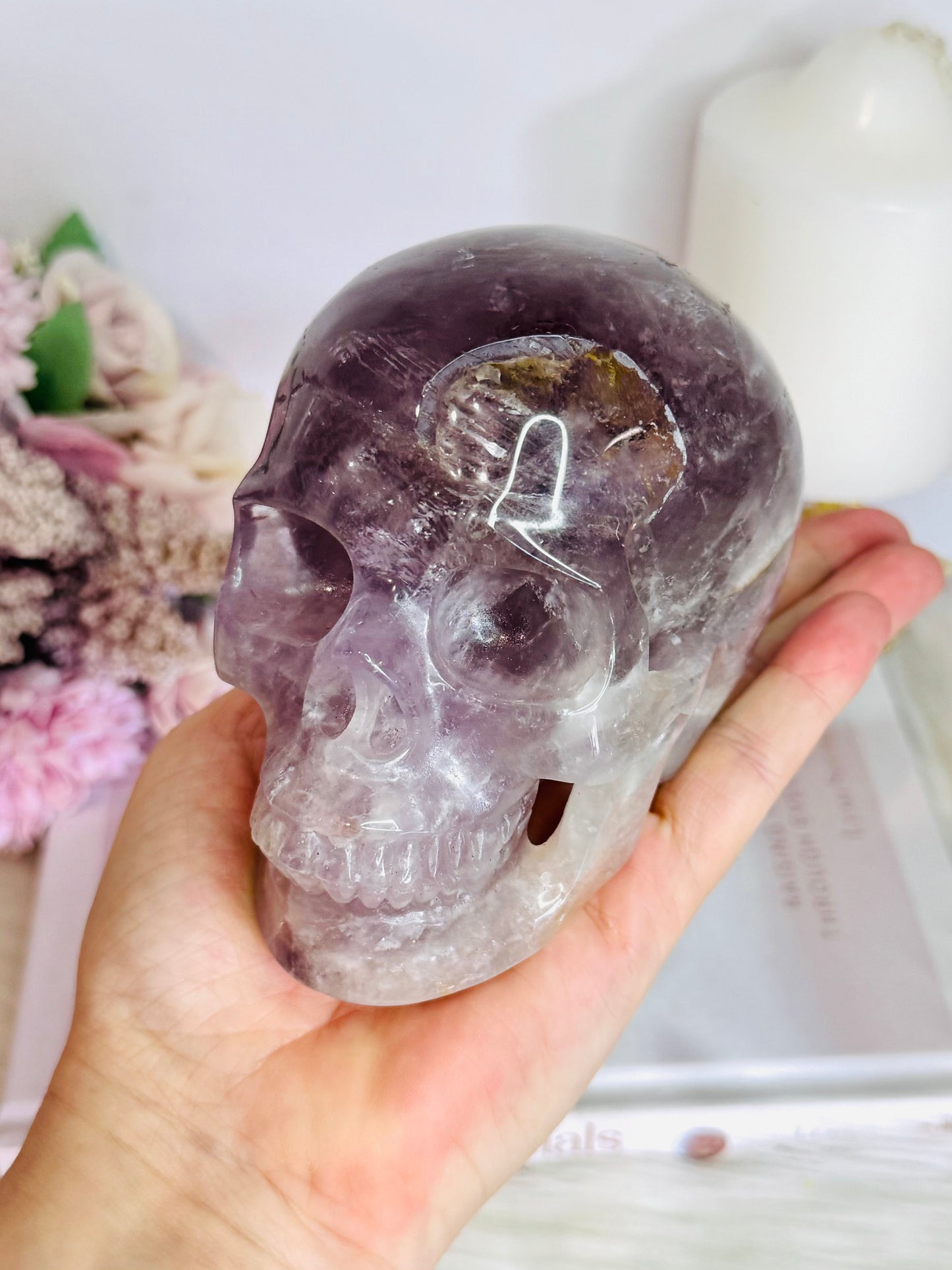 Huge 991gram High Grade Amethyst Carved Skull with Rainbows