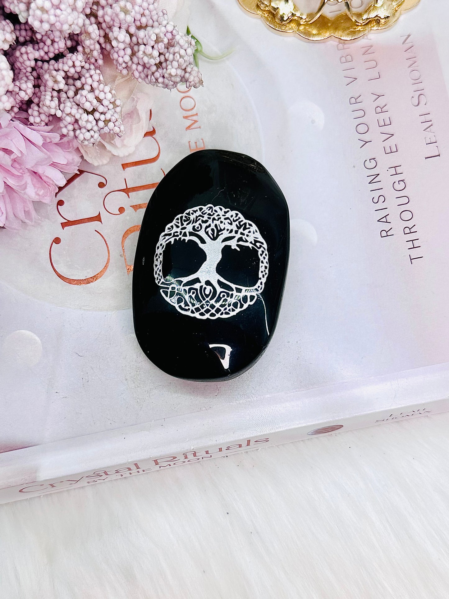 Highly Protective Stone ~ Large Black Obsidian Palm Stone with Silver Tree Of Life Print