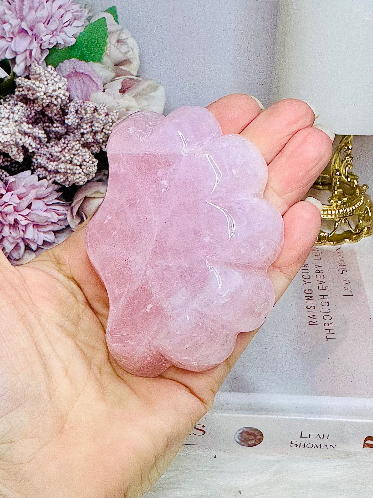 Rose Quartz Carved. Chunky Shell with Mini Amethyst Spheres 9cm