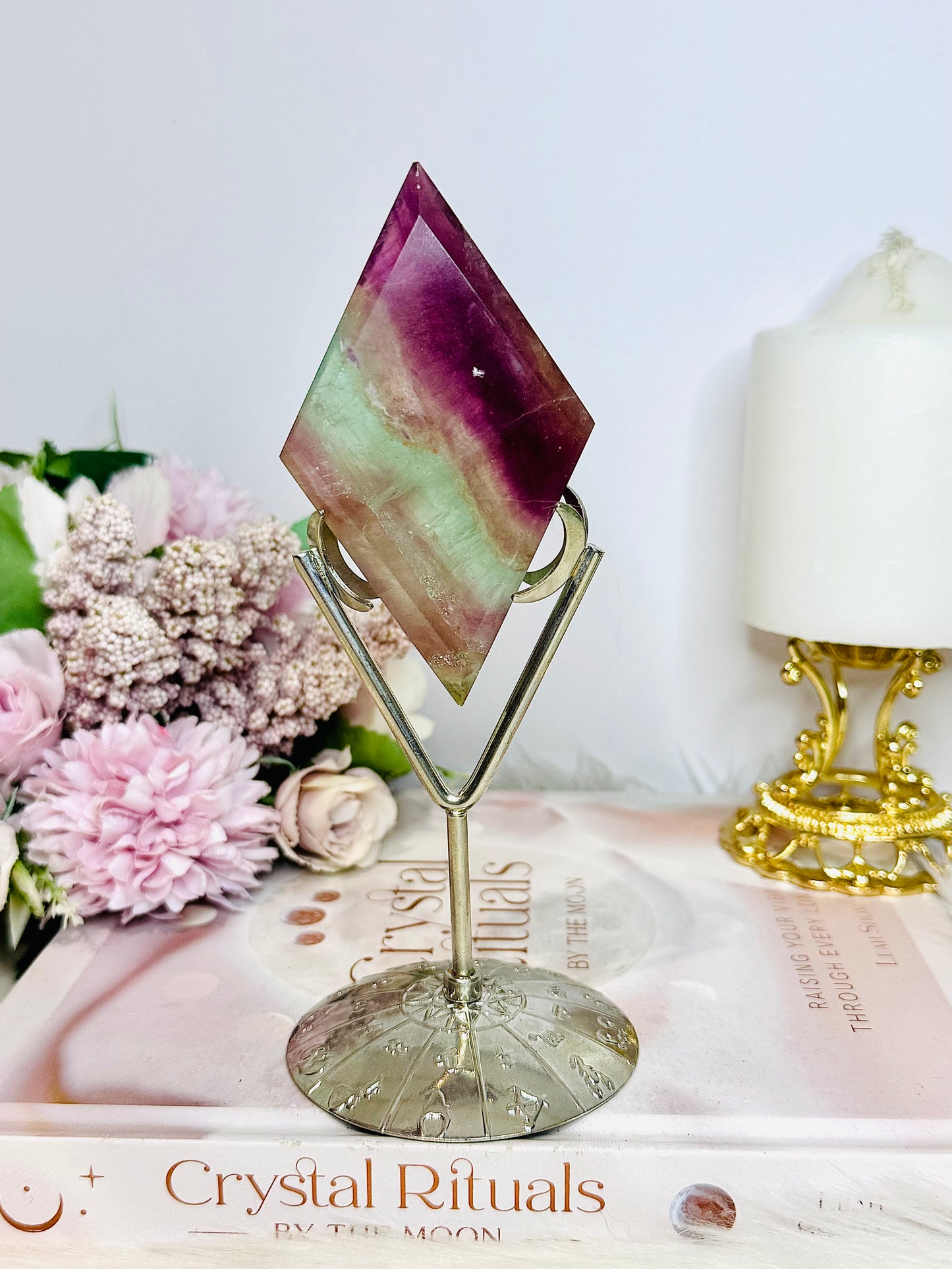 Rainbow Fluorite Diamond | Rhombus On Silver Stand 16.5cm