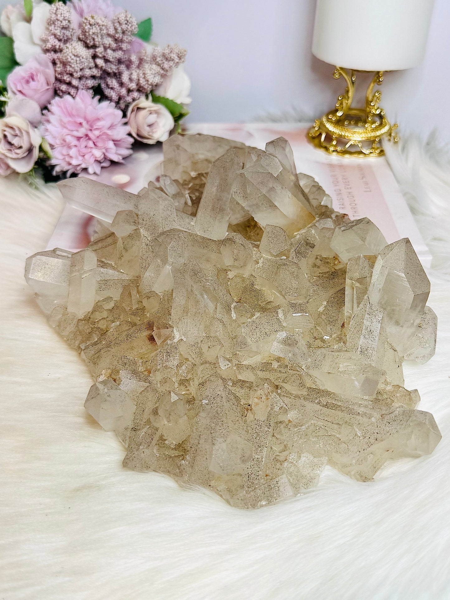 Huge Quartz  Cluster Specimen with Goethite Inclusions (black specks) 25cm 1.45KG