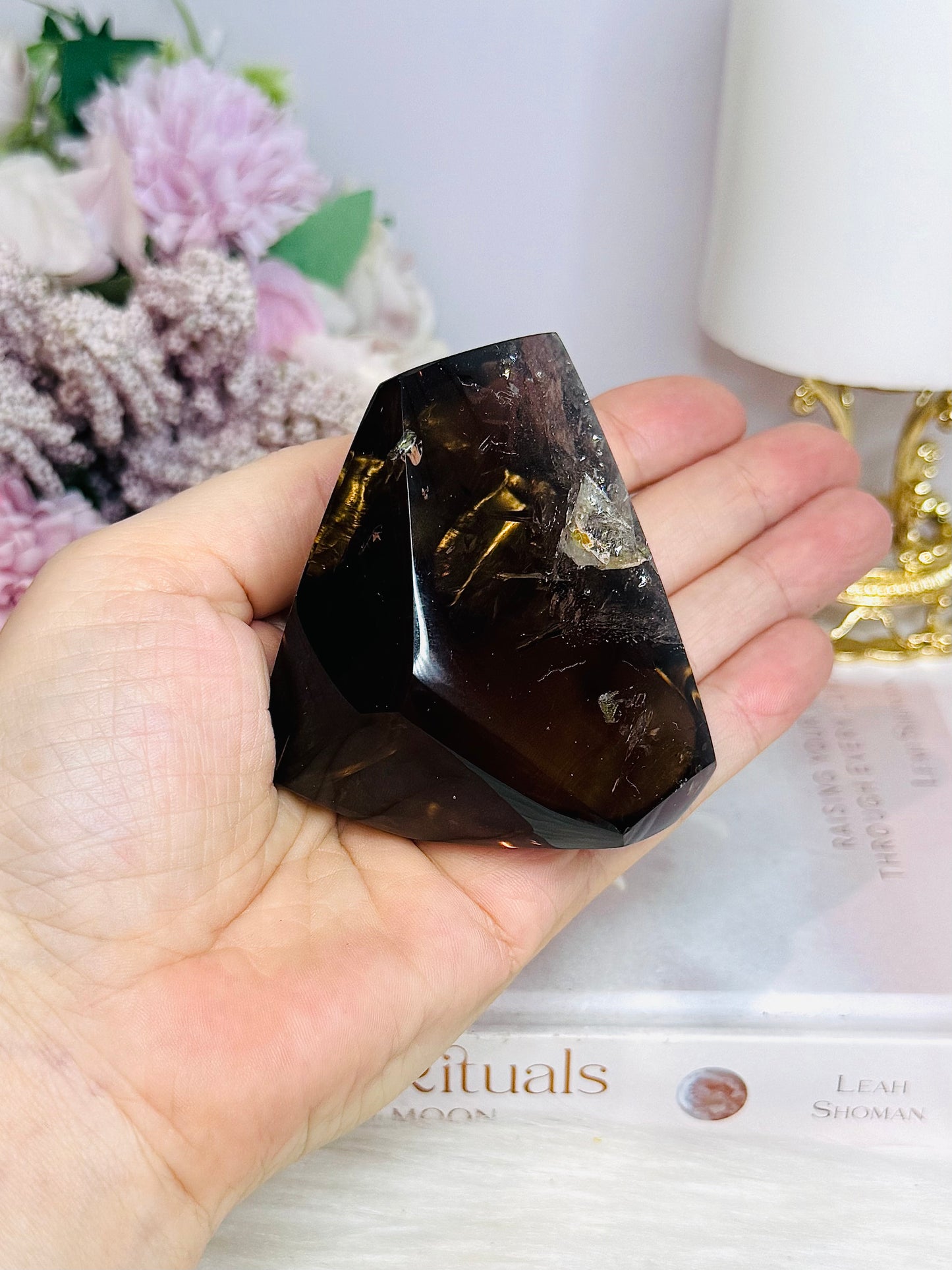 High Grade Smokey Quartz Polished Freeform With Rainbows On Stand 375g