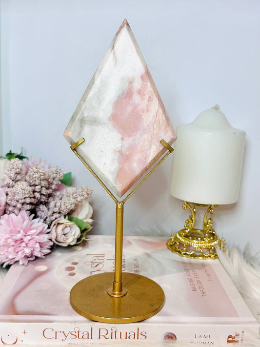 Large Pink Opal Diamond On Gold Stand 22.5cm