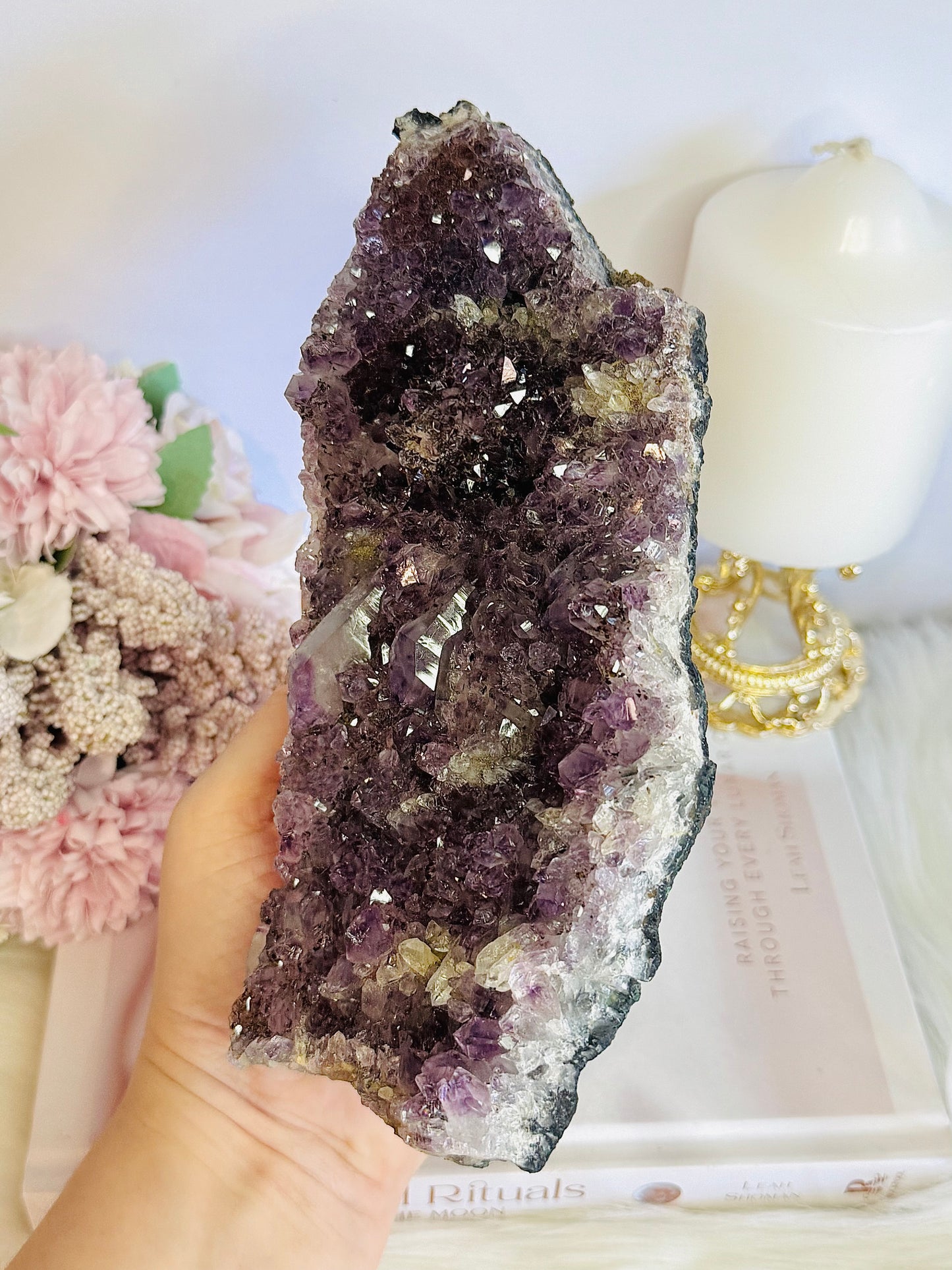 High Grade Amethyst Natural Cluster Slab with Stalactite Formations On Custom Stand 23cm 1.03KG