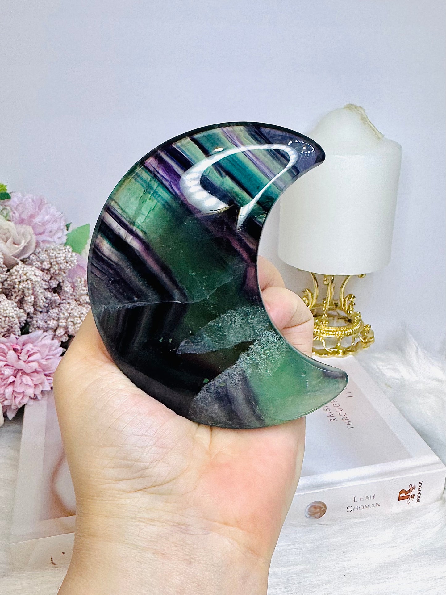 High Grade Rainbow Fluorite Moon on Stand 9.5cm 273g (light used in photo)