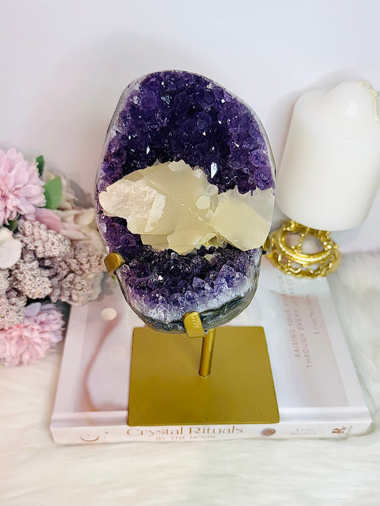 Huge Stunning High Grade Deep Purple Amethyst Cluster with Calcite Inclusion On Gold Stand 21cm 1.5KG