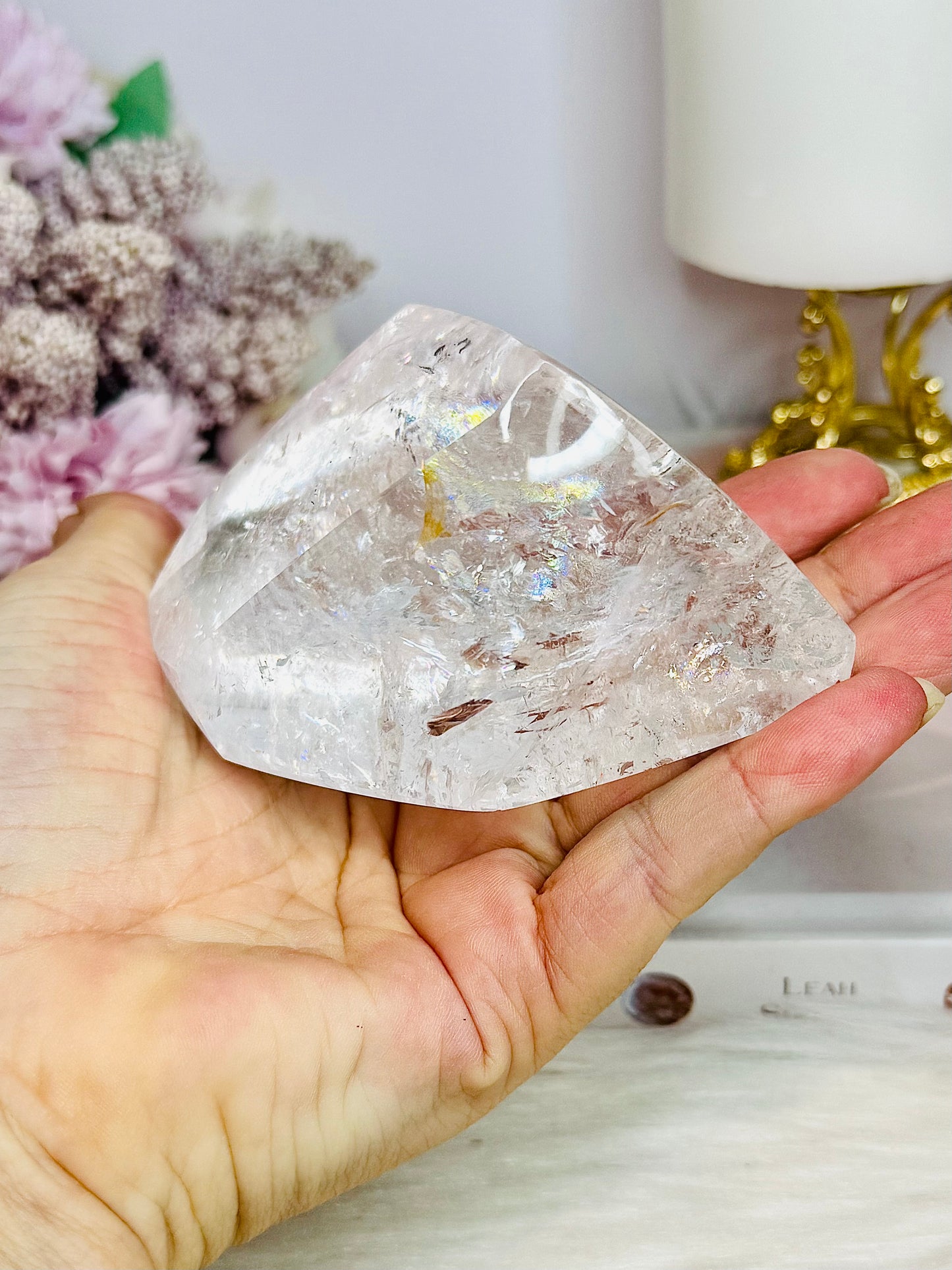 Large High Grade Clear Quartz Polished Freeform with Rainbows 346g