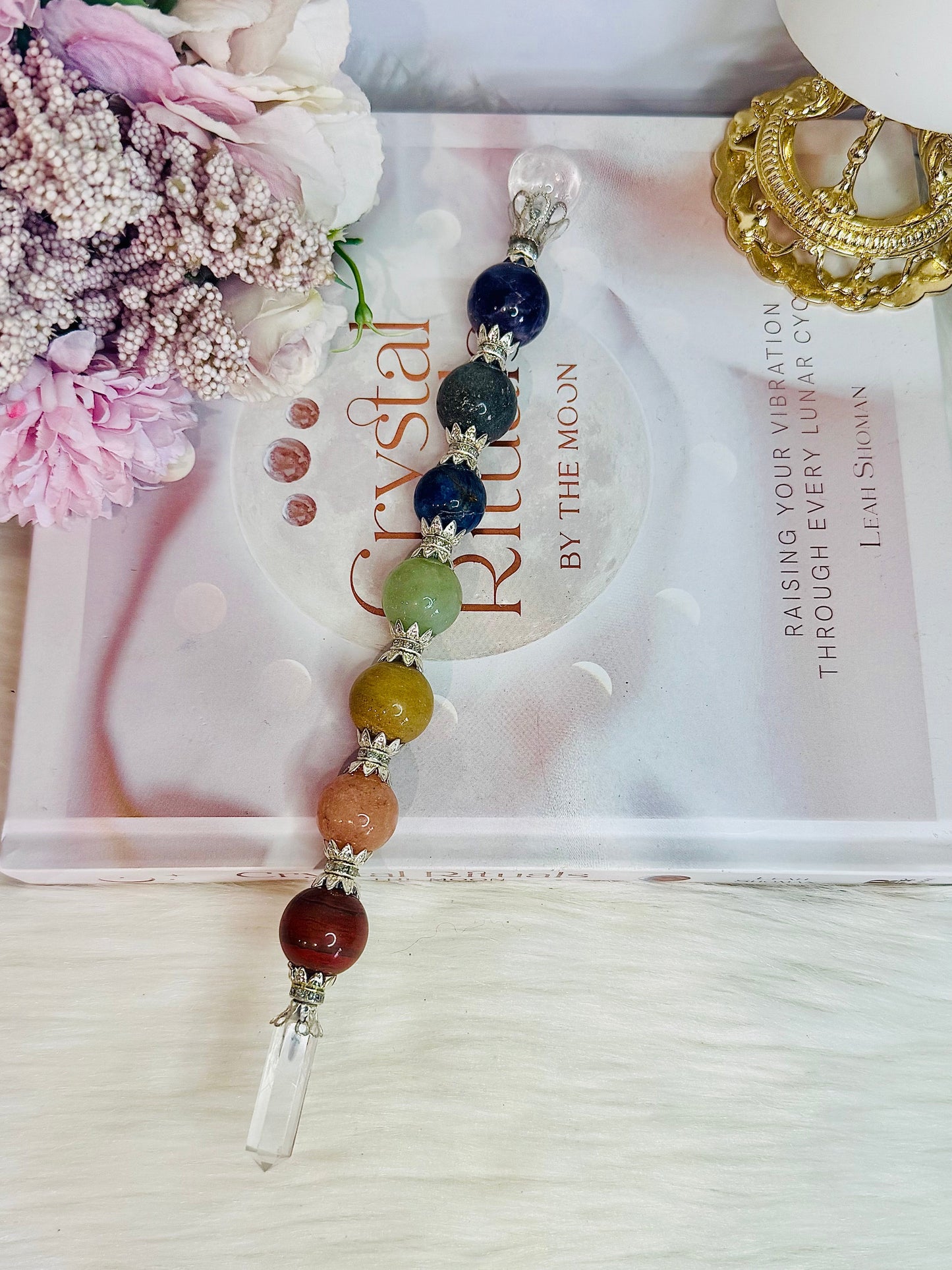 Magical 7 Chakra Crystal Wand with Clear Quartz Point 24cm