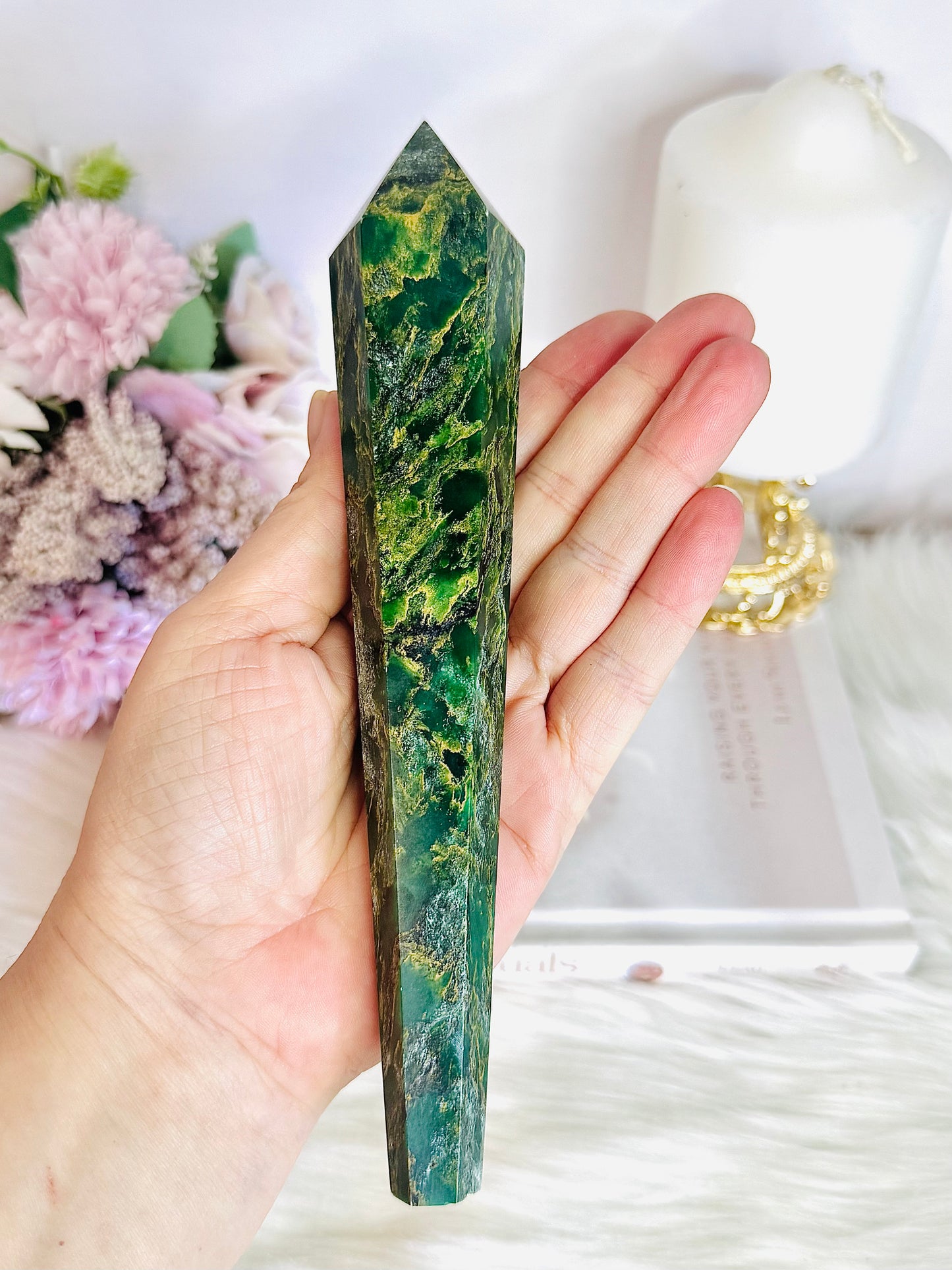Emerald Jasper Carved Wand | Tower on Stand 19.5cm