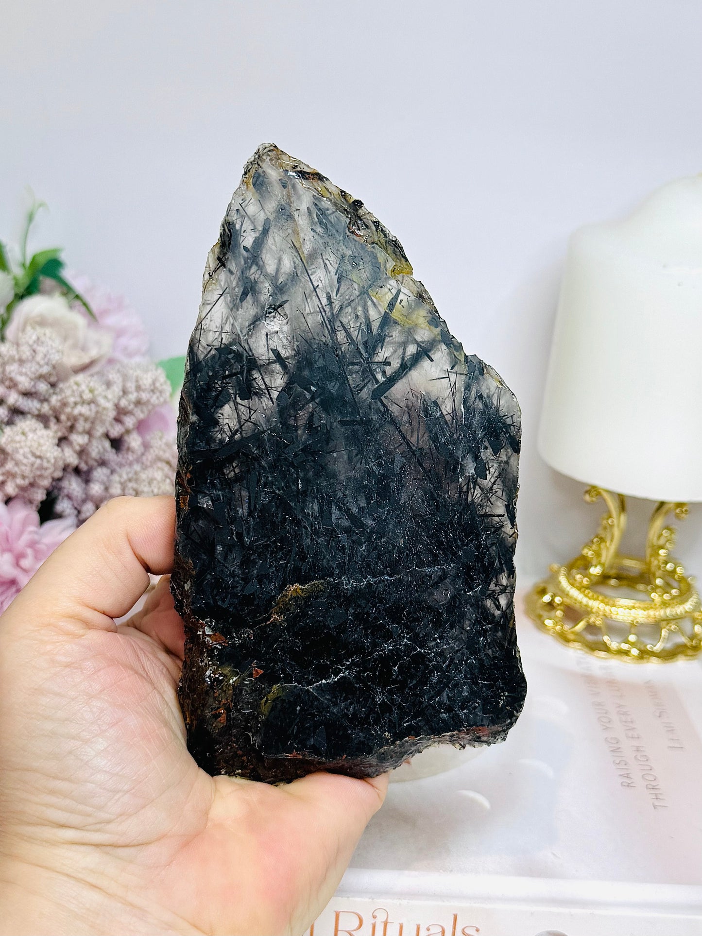 Black Tourmaline in Quartz Slab on Stand 14.5cm