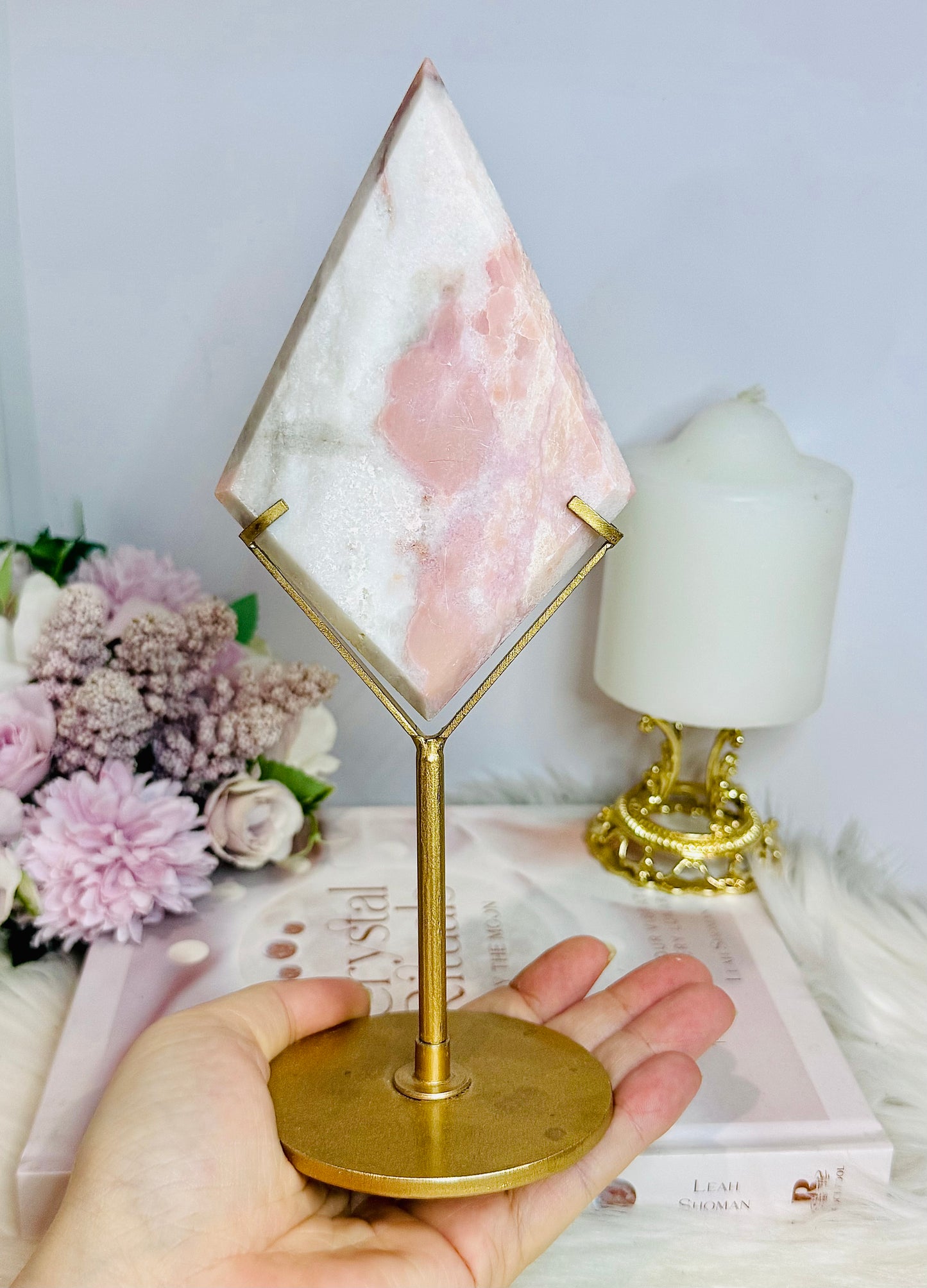 Large Pink Opal Diamond On Gold Stand 22.5cm