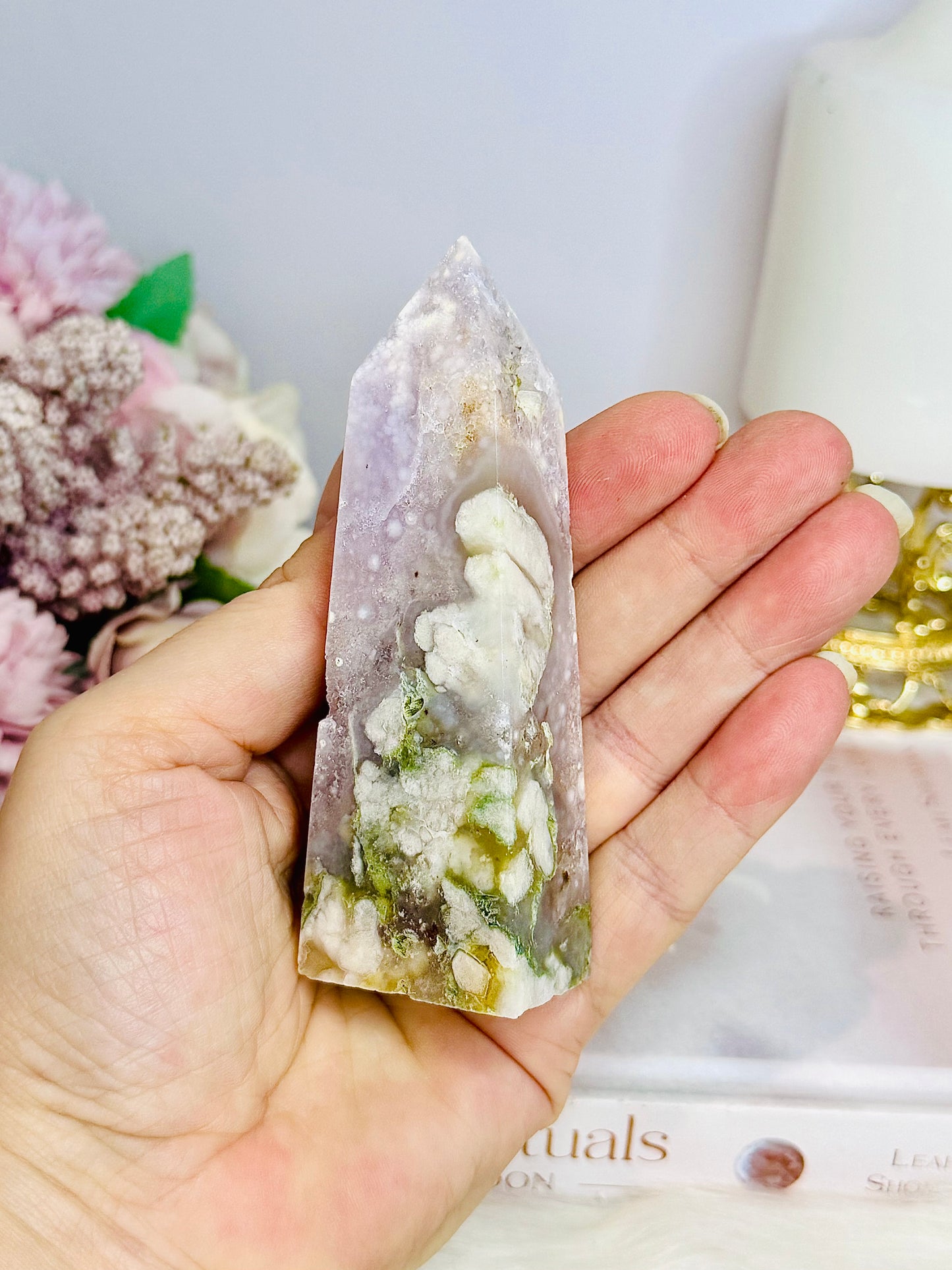 Pink Amethyst X Green Flower Agate Tower 10cm