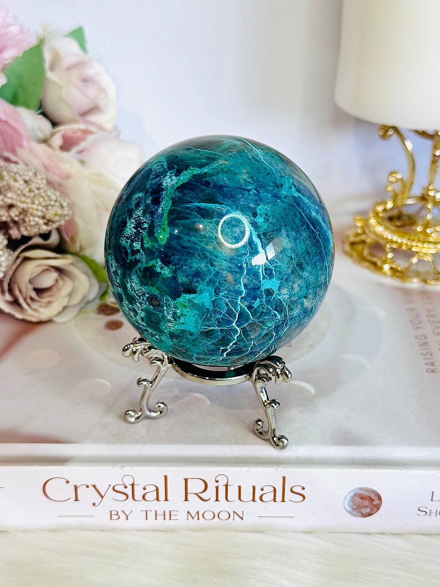 Absolutely Incredible High Grade Chrysocolla Sphere on Stand 399grams