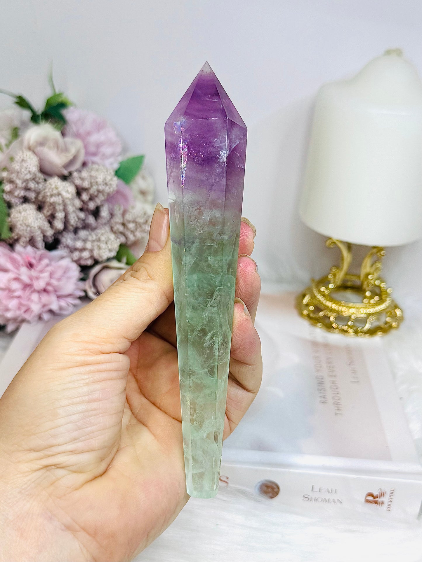 Watermelon Fluorite Wand | Tower with Rainbows 15cm