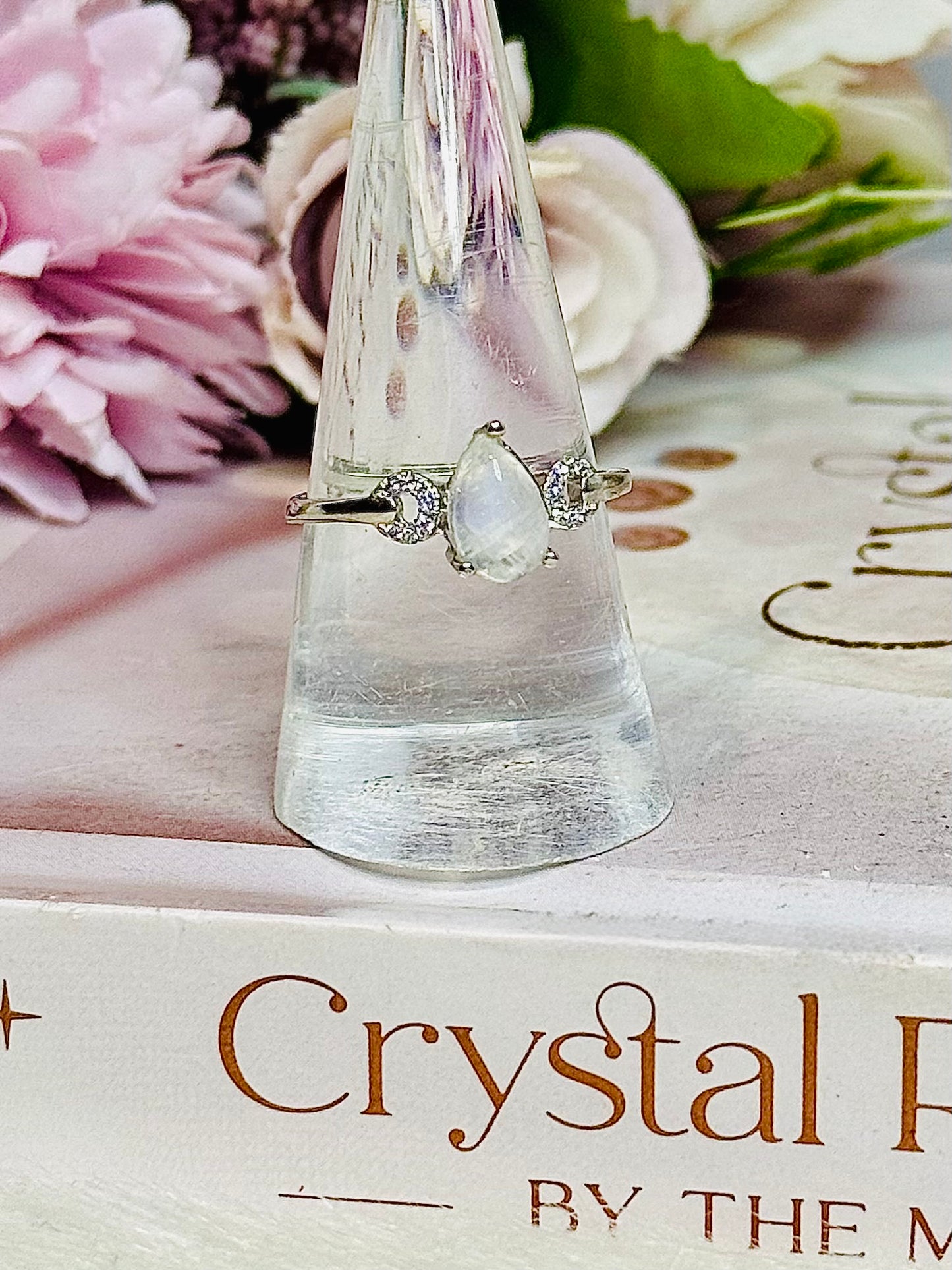 Moonstone With Blue Flash Adjustable Silver Ring