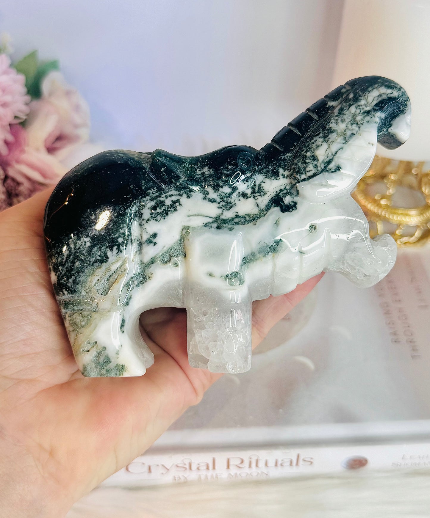 Beautiful Large Green Moss Agate Carved Hippopotamus 14cm 475grams
