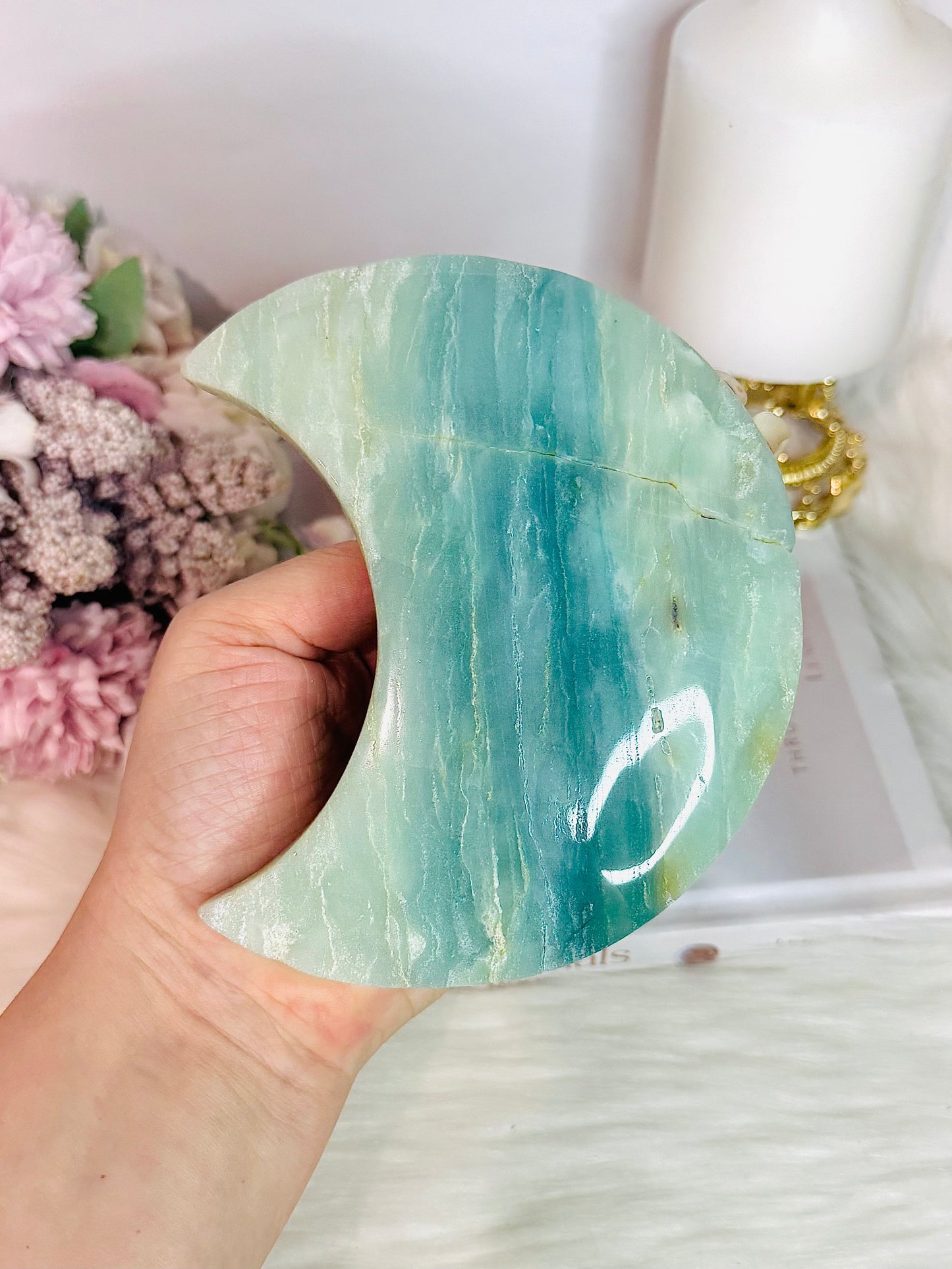 Large Sky Blue Quartz Carved Chunky Moon On Stand 25cm 626grams