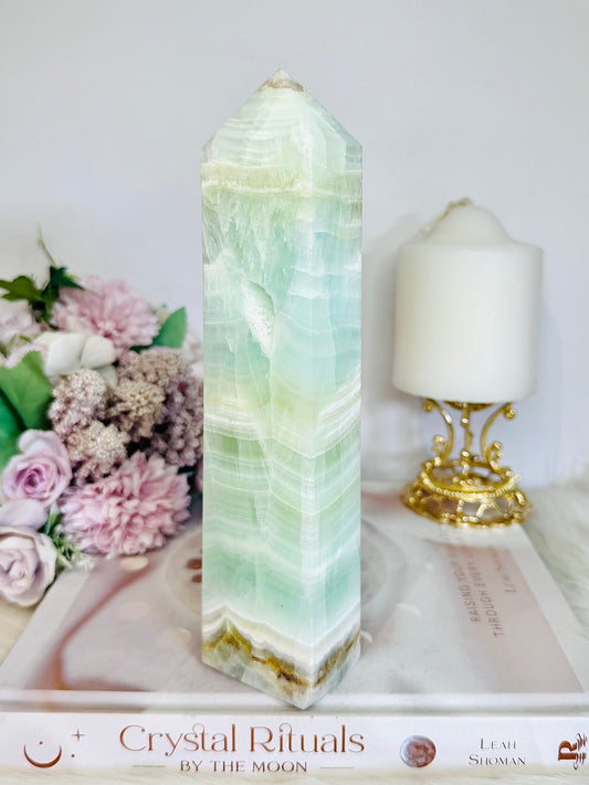Huge 20cm Pistachio Calcite Druzy Tower