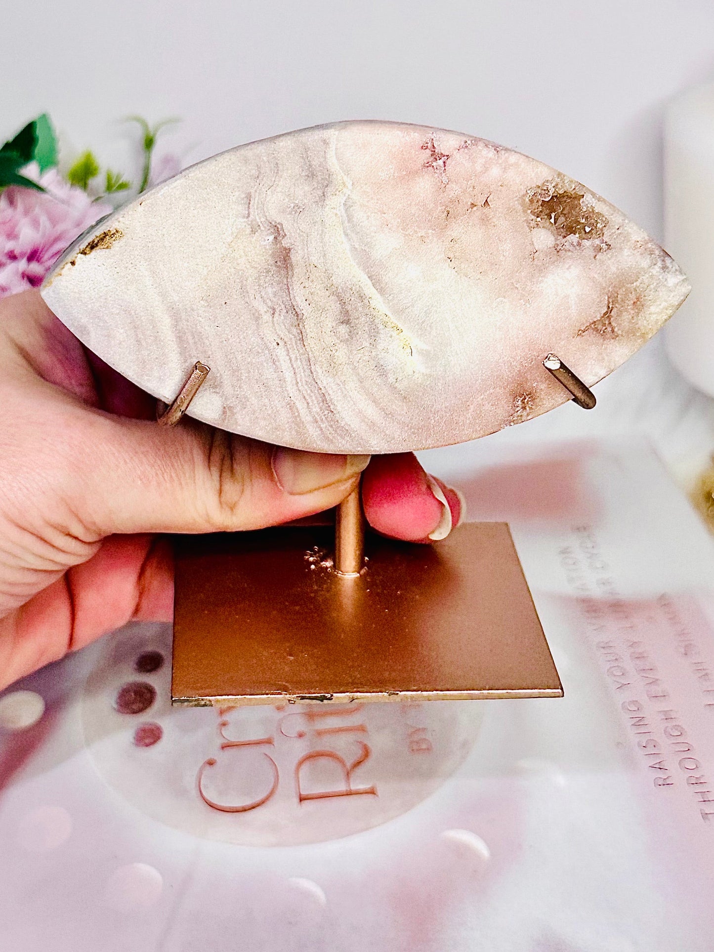 Pink Amethyst Carved Evil Eye On Rose Gold Stand 335grams