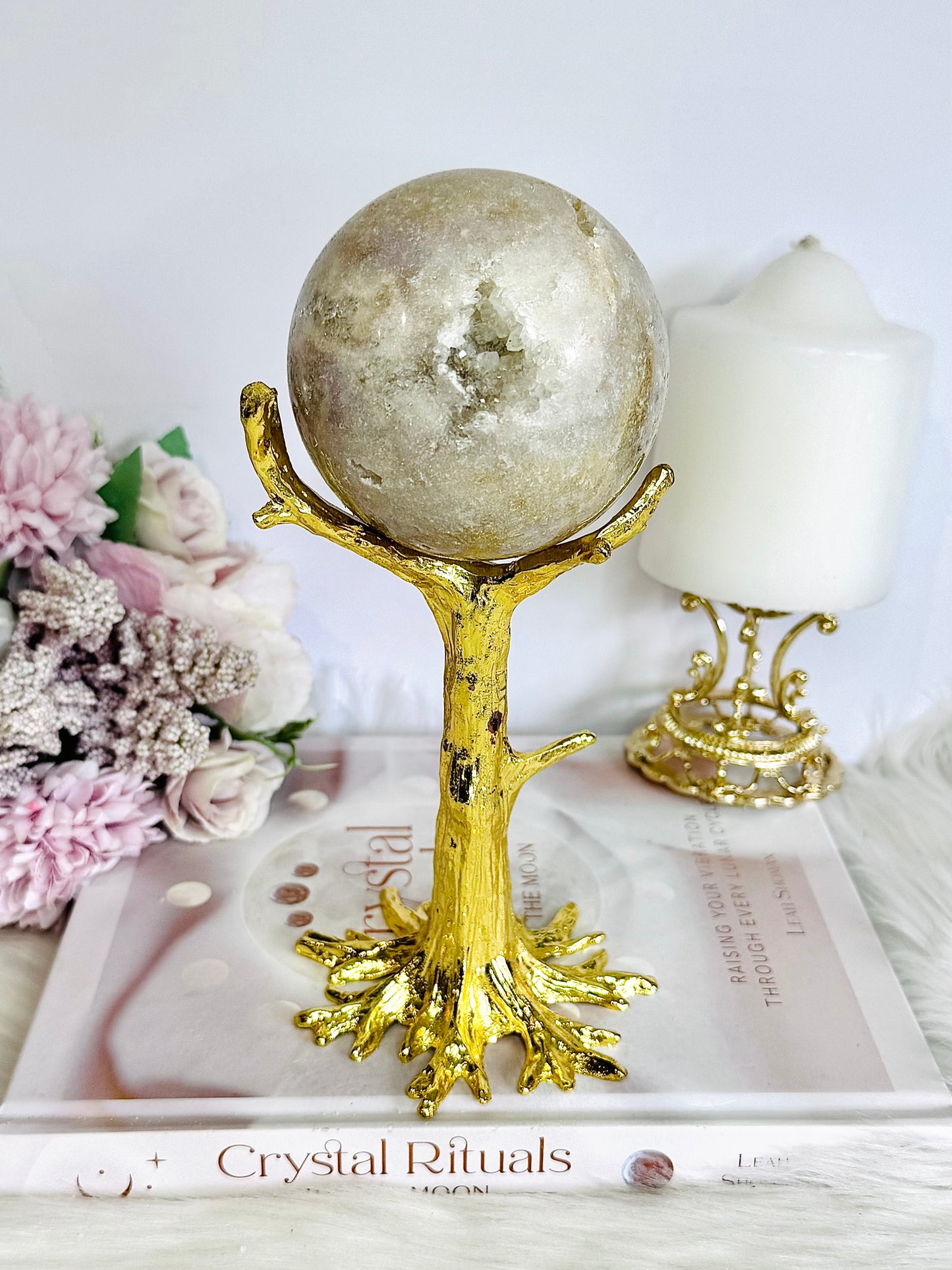 Stunning Druzy Pink Amethyst Large Sphere on Gold Tree Stand 578grams 20cm