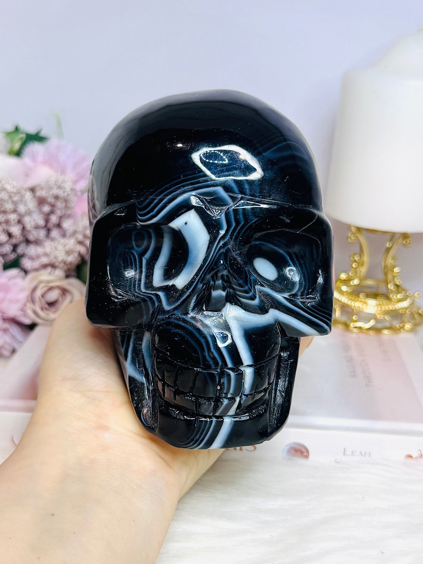 Huge Black Striped Agate Carved Skull 1.85KG 13cm