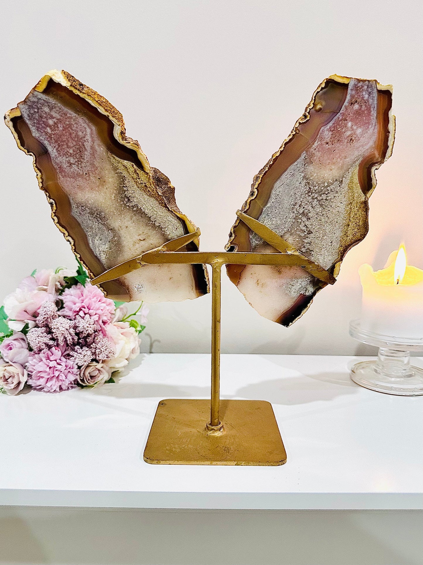 Huge 29.5cm (Inc Stand) Gorgeous Pink Amethyst Agate Wings On Gold Stand From Brazil