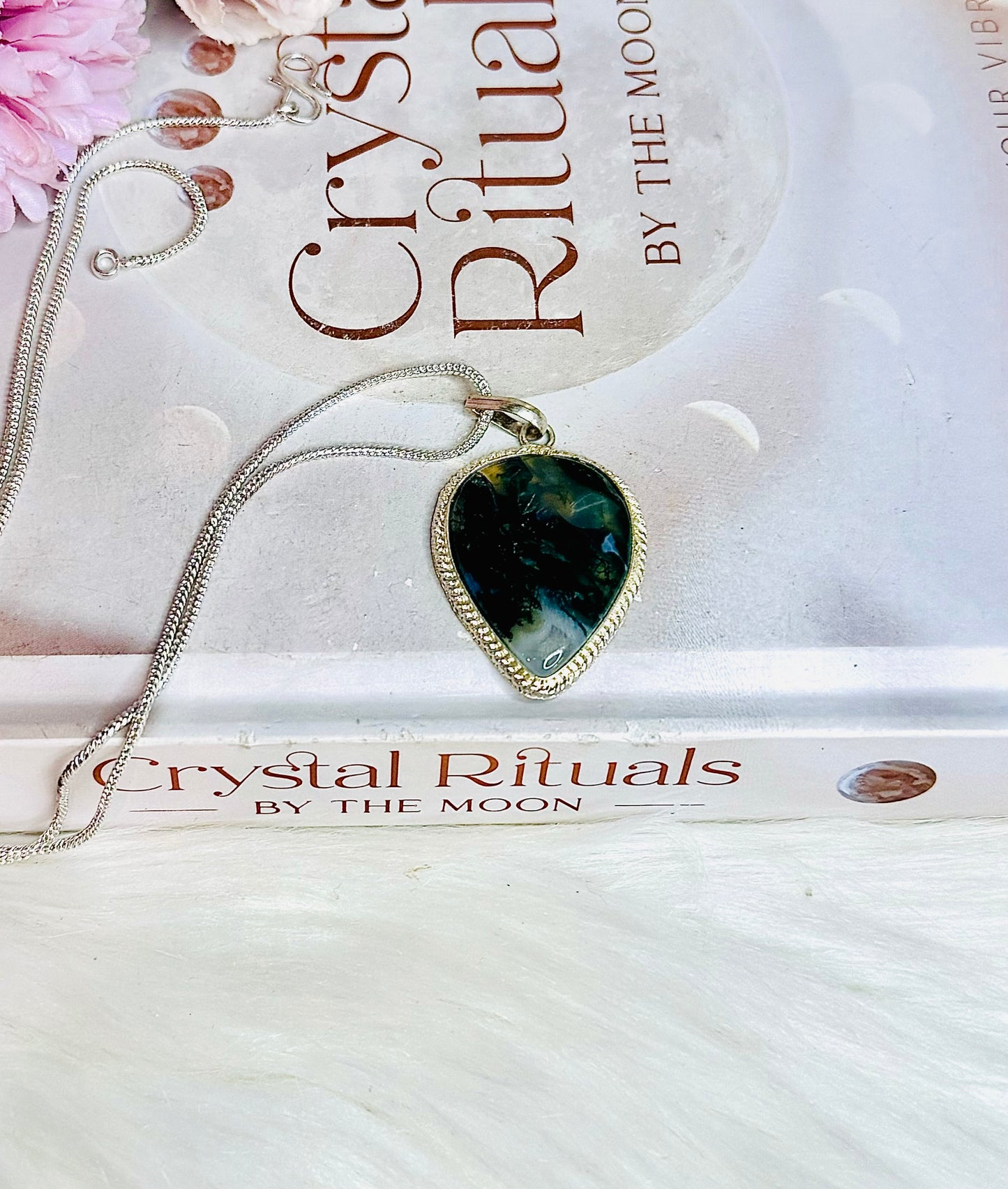 Moss Agate Pendant on Silver Chain In Gift Bag