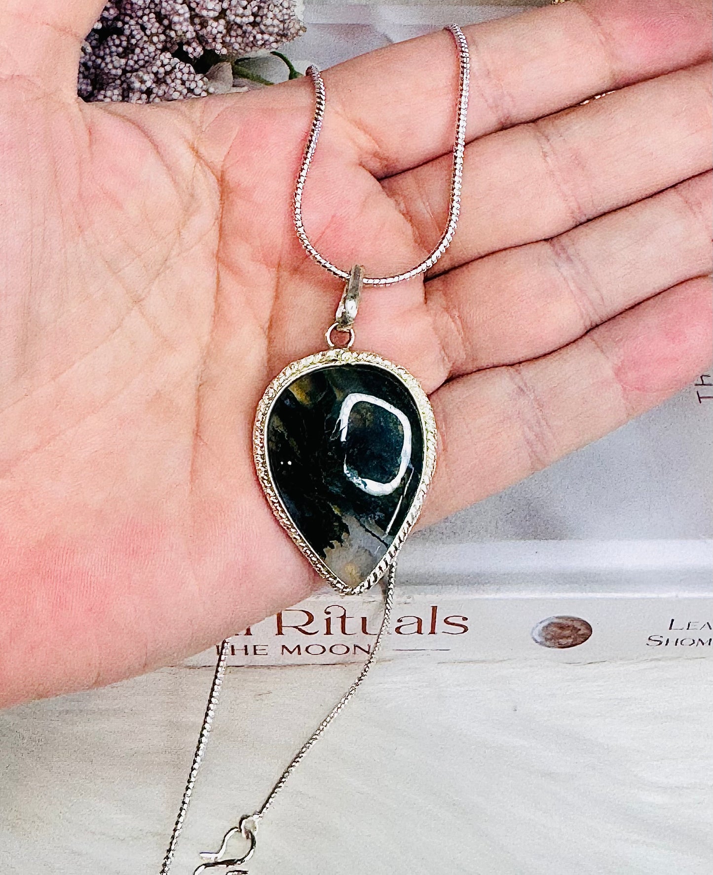 Moss Agate Pendant on Silver Chain In Gift Bag