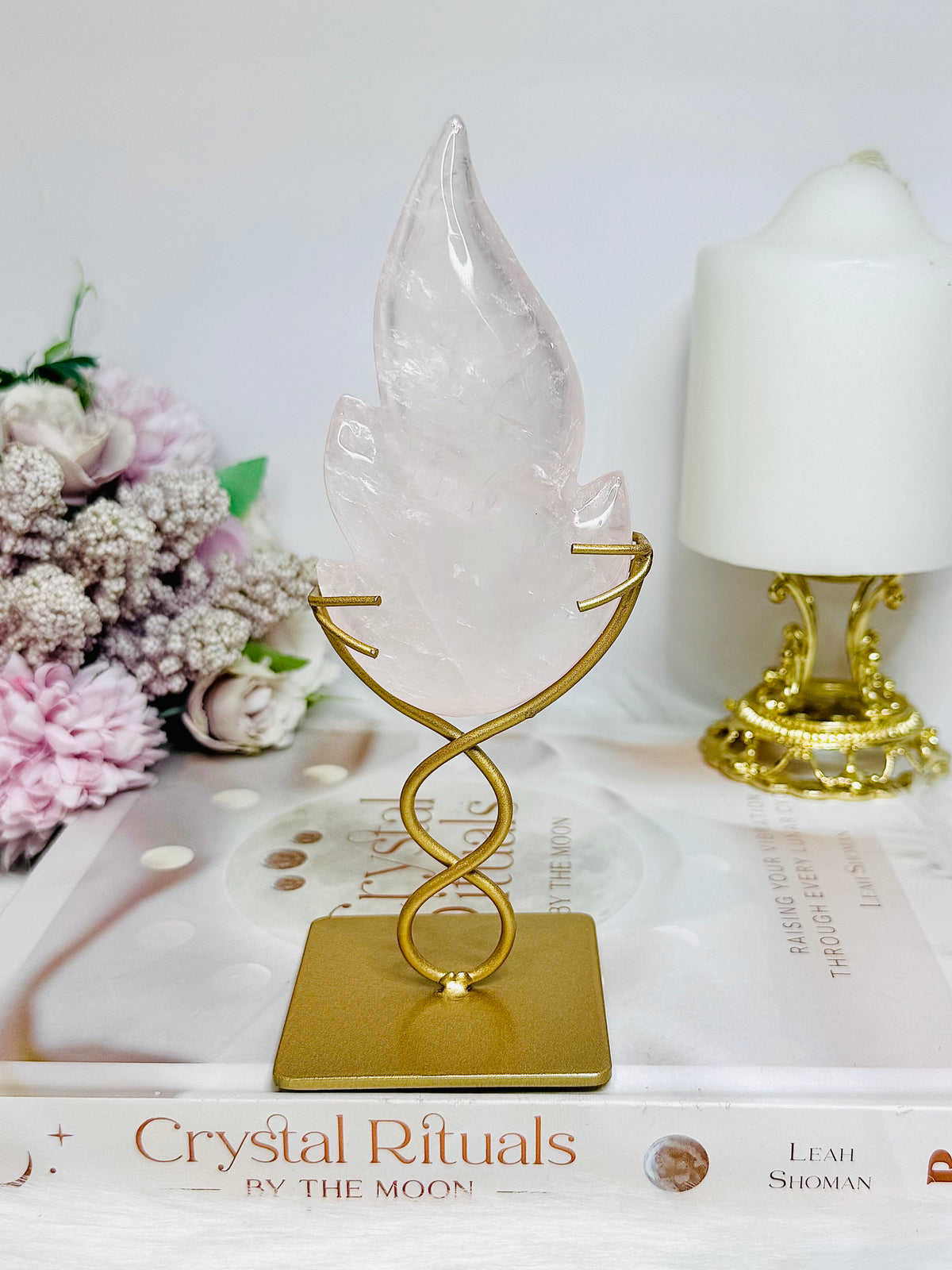 Rose Quartz Flame on Gold Stand 16cm