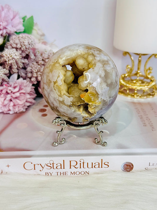 Large 389gram Druzy Flower Agate Sphere On Stand