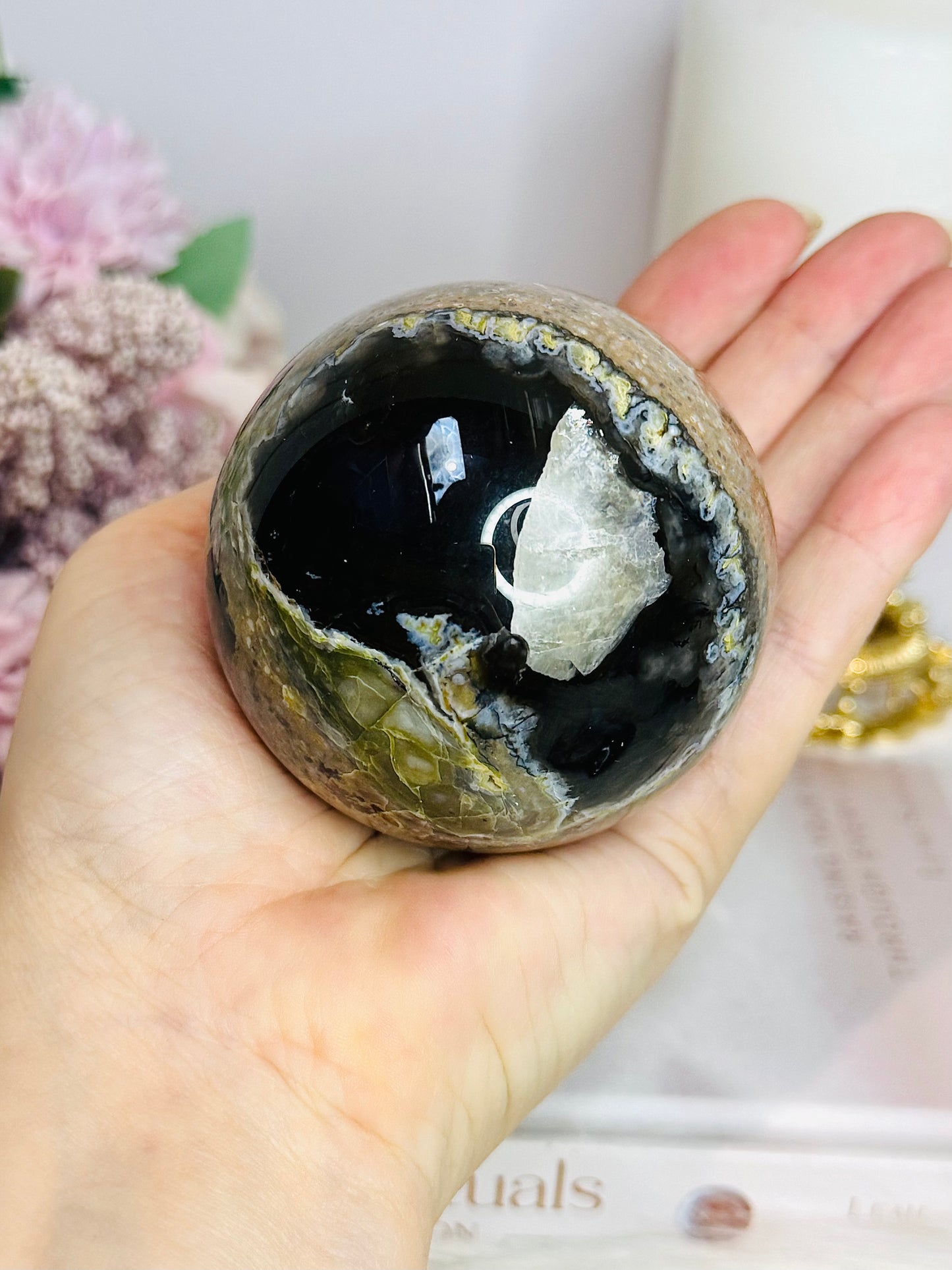 Large Volcano Agate (UV Reactive) Sphere On Stand 394g