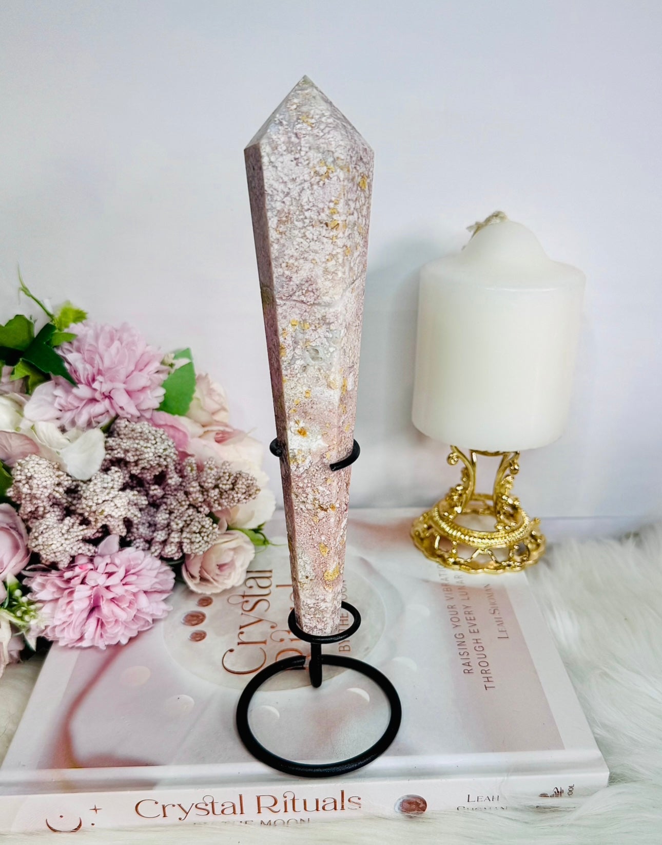 Fabulous Large 18.5cm Druzy Pink Agate Carved Wand on Stand