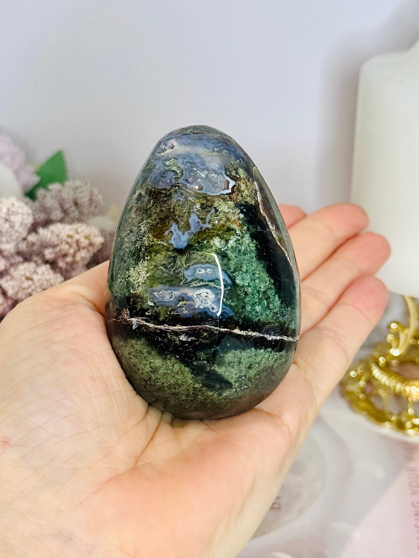 Large Moss Agate Egg on Stand 273g