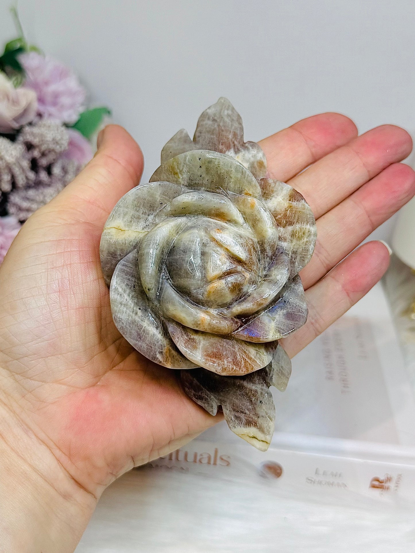Large High Grade Moonstone Rose With Flash on Gold Stand 18cm